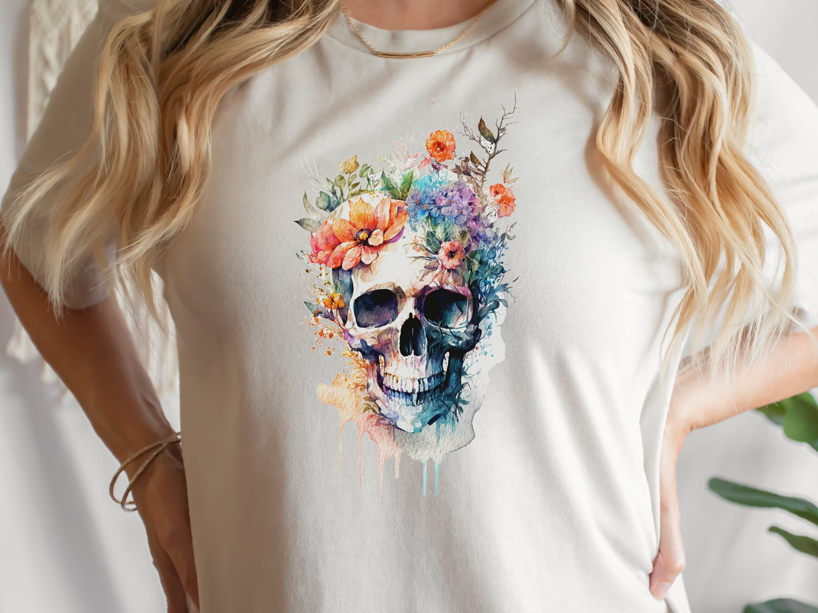 Enchanting Watercolour Skull and Flowers Tee Artistic Gothic Grunge Gift Bohemian Style Unique Nature Shirt Painted Flower T-Shirt Floral - View 8