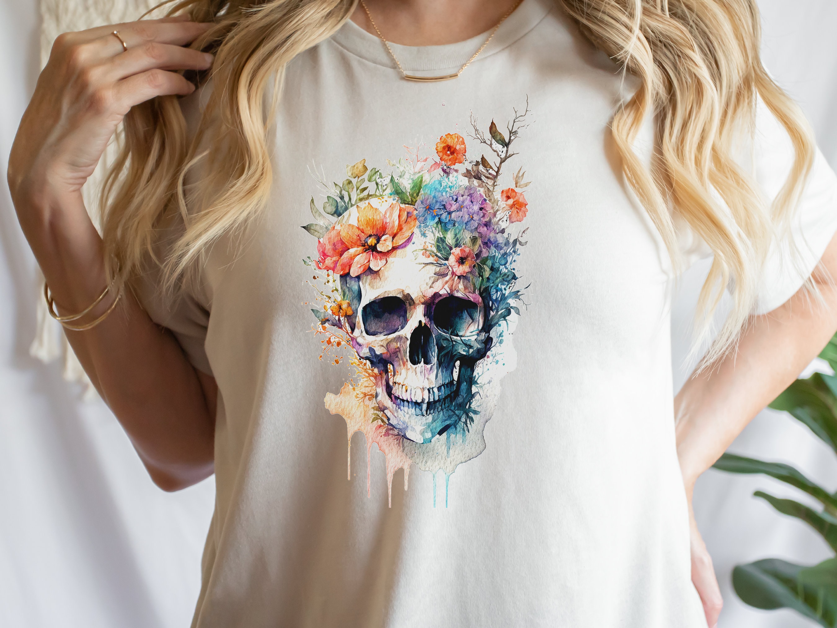 Enchanting Watercolour Skull and Flowers Tee Artistic Gothic Grunge Gift Bohemian Style Unique Nature Shirt Painted Flower T-Shirt Floral