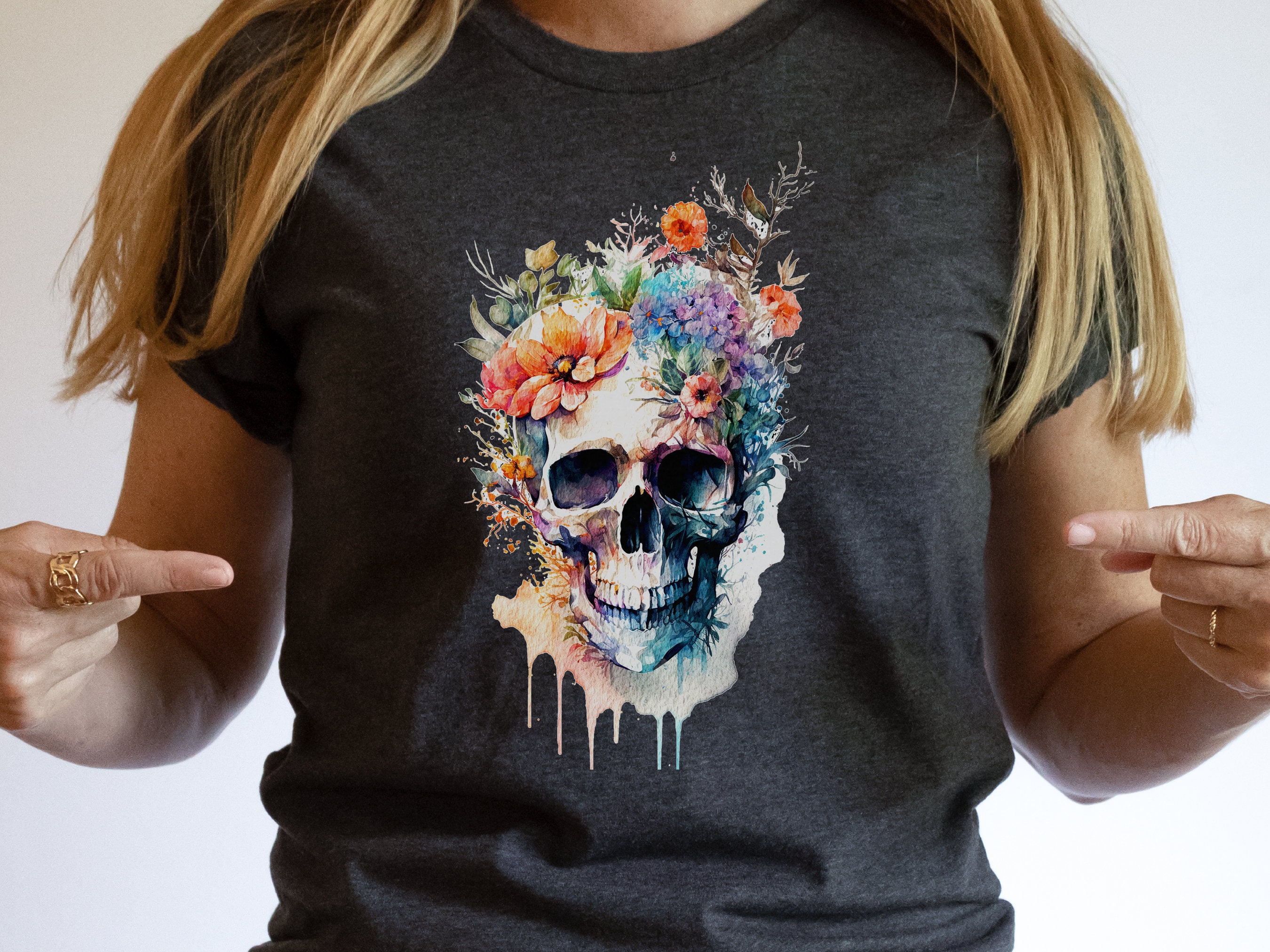 Enchanting Watercolour Skull and Flowers Tee Artistic Gothic Grunge Gift Bohemian Style Unique Nature Shirt Painted Flower T-Shirt Floral - View 4