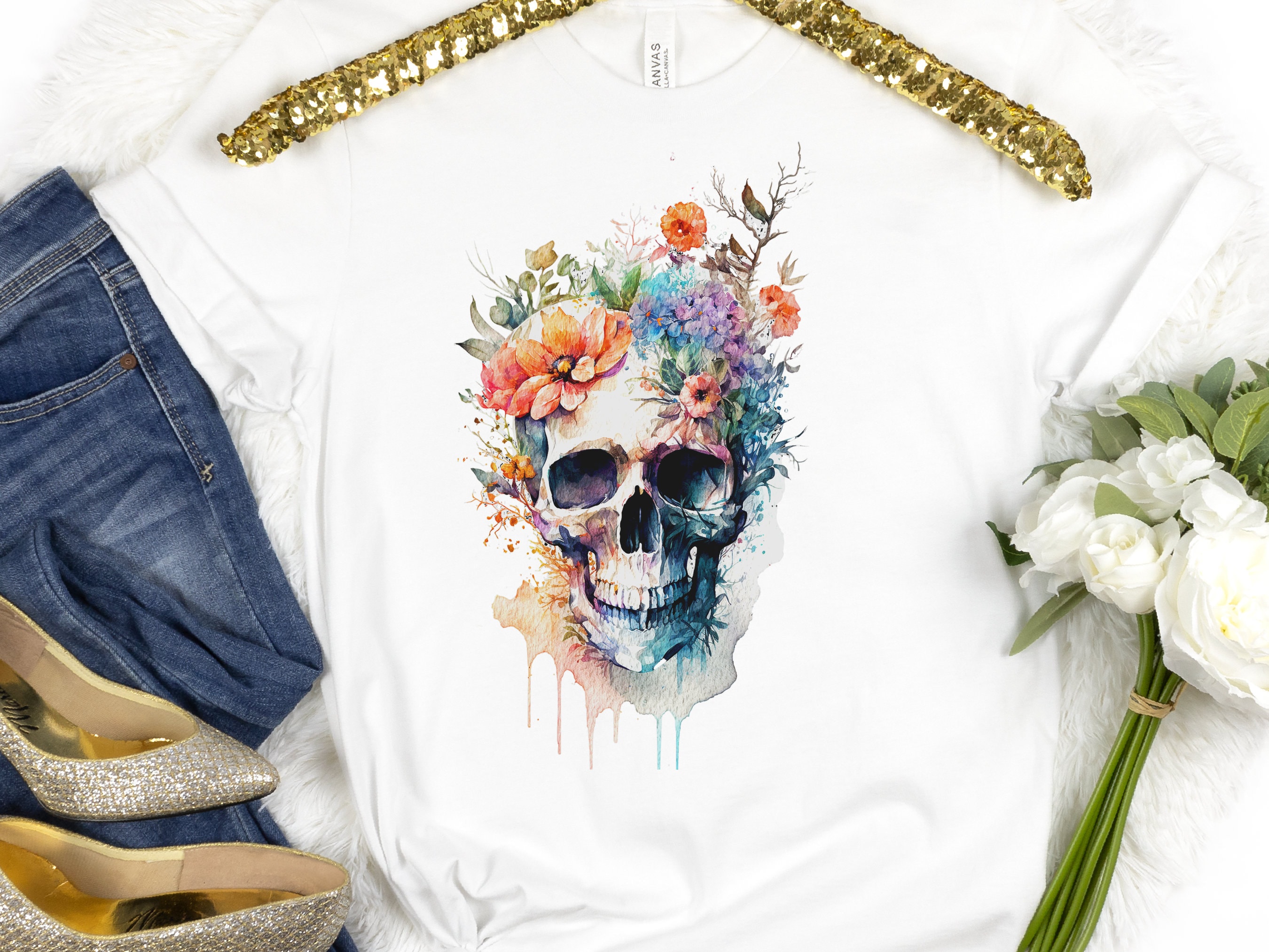 Enchanting Watercolour Skull and Flowers Tee Artistic Gothic Grunge Gift Bohemian Style Unique Nature Shirt Painted Flower T-Shirt Floral - View 6