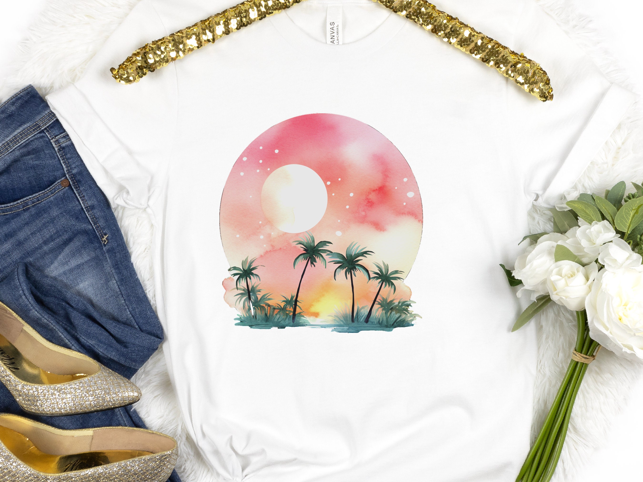 Watercolour Dream Tropical Sunset T-Shirt Pink Orange Yellow Gift For Travellers Beach Beachwear Paradise Travel Cute Serenity Palm Trees