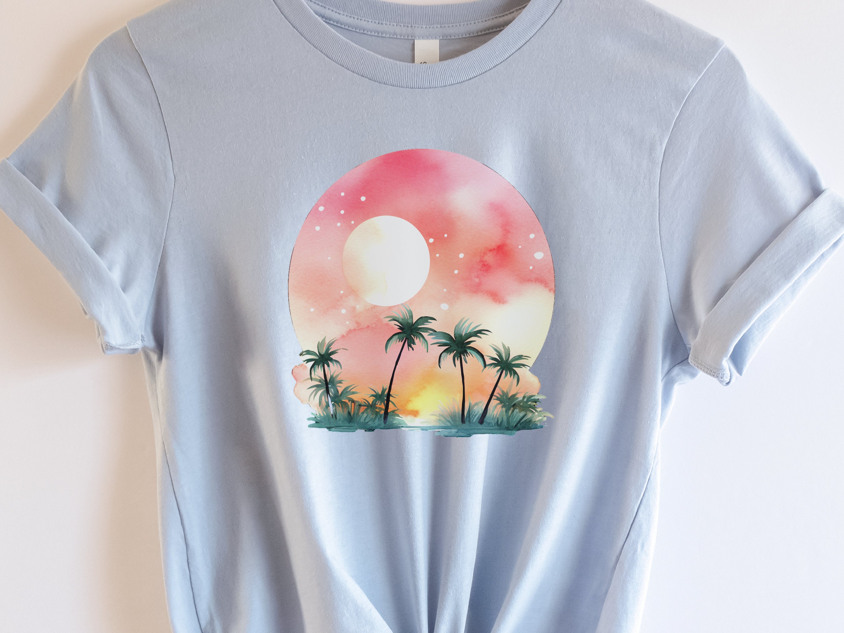 Watercolour Dream Tropical Sunset T-Shirt Pink Orange Yellow Gift For Travellers Beach Beachwear Paradise Travel Cute Serenity Palm Trees - View 2