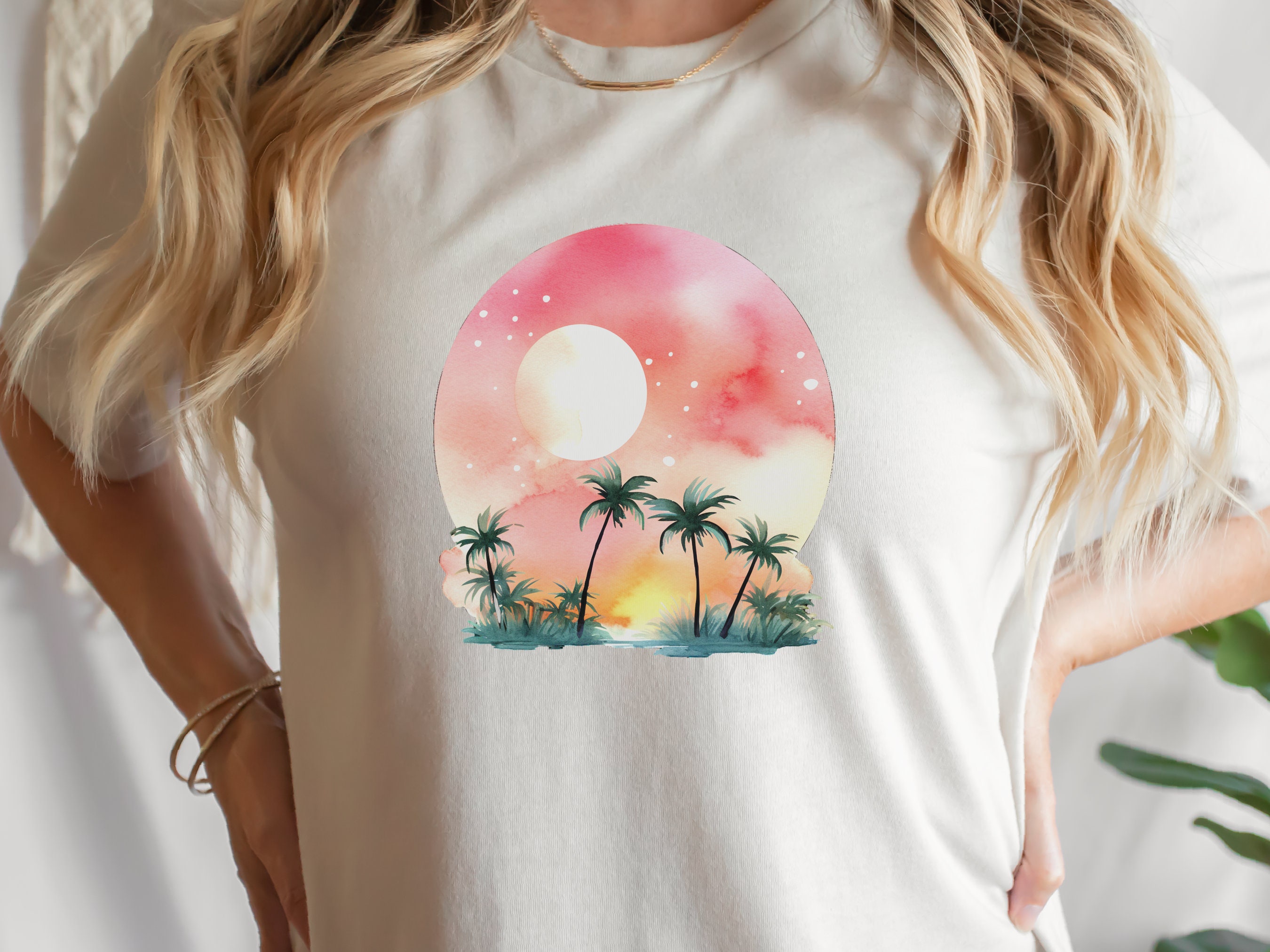 Watercolour Dream Tropical Sunset T-Shirt Pink Orange Yellow Gift For Travellers Beach Beachwear Paradise Travel Cute Serenity Palm Trees - View 3