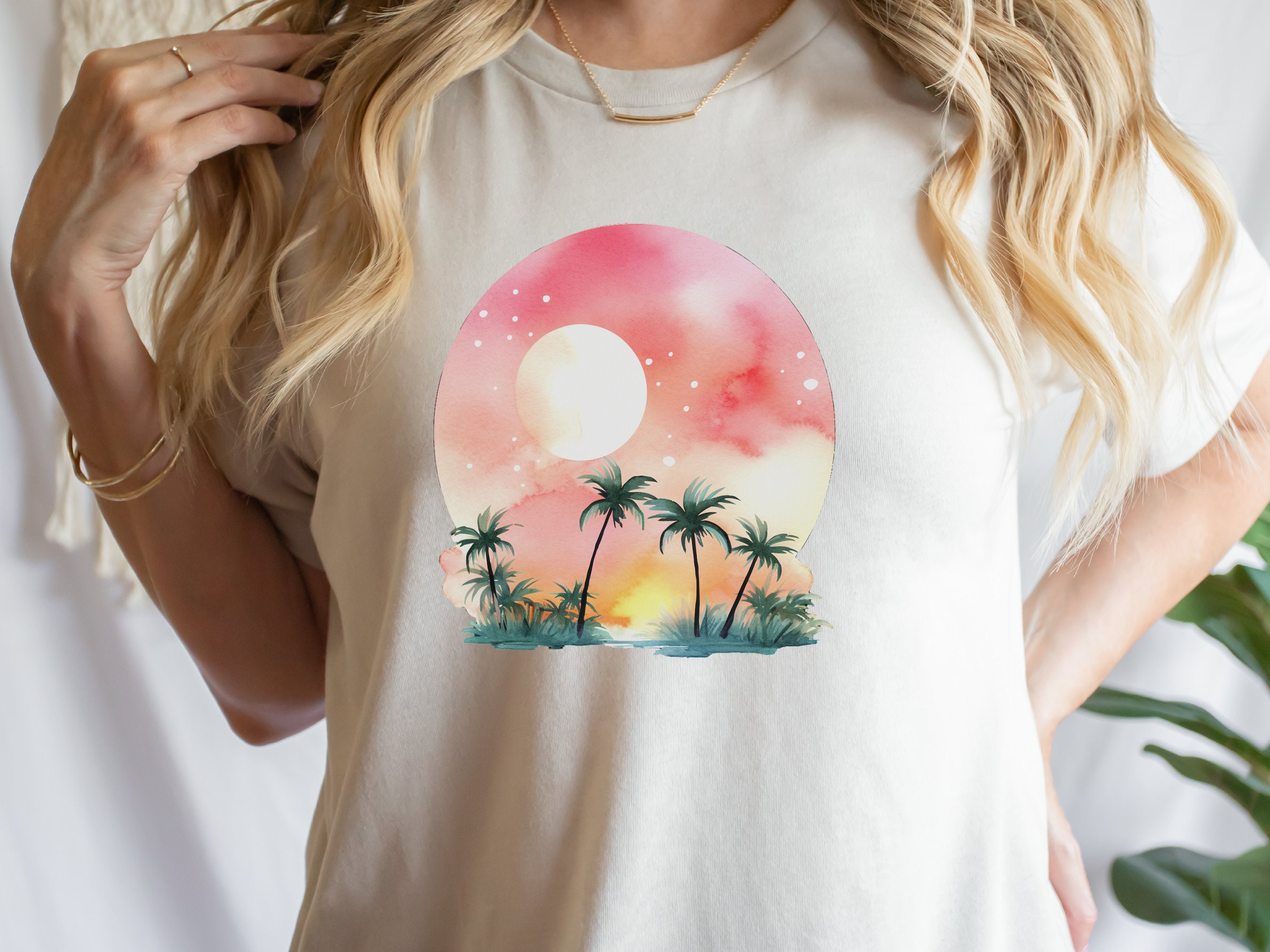 Watercolour Dream Tropical Sunset T-Shirt Pink Orange Yellow Gift For Travellers Beach Beachwear Paradise Travel Cute Serenity Palm Trees - View 4