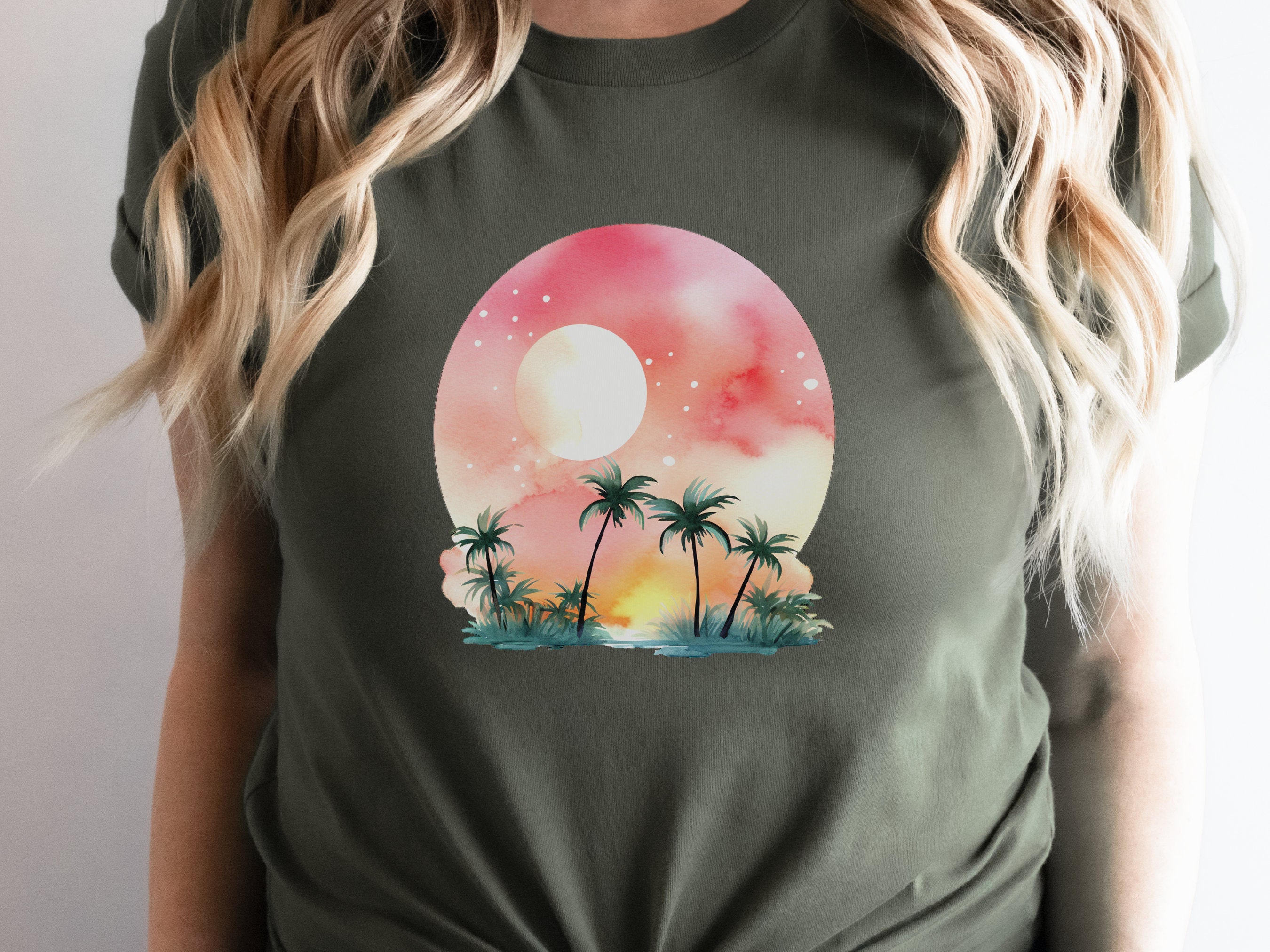 Watercolour Dream Tropical Sunset T-Shirt Pink Orange Yellow Gift For Travellers Beach Beachwear Paradise Travel Cute Serenity Palm Trees - View 5