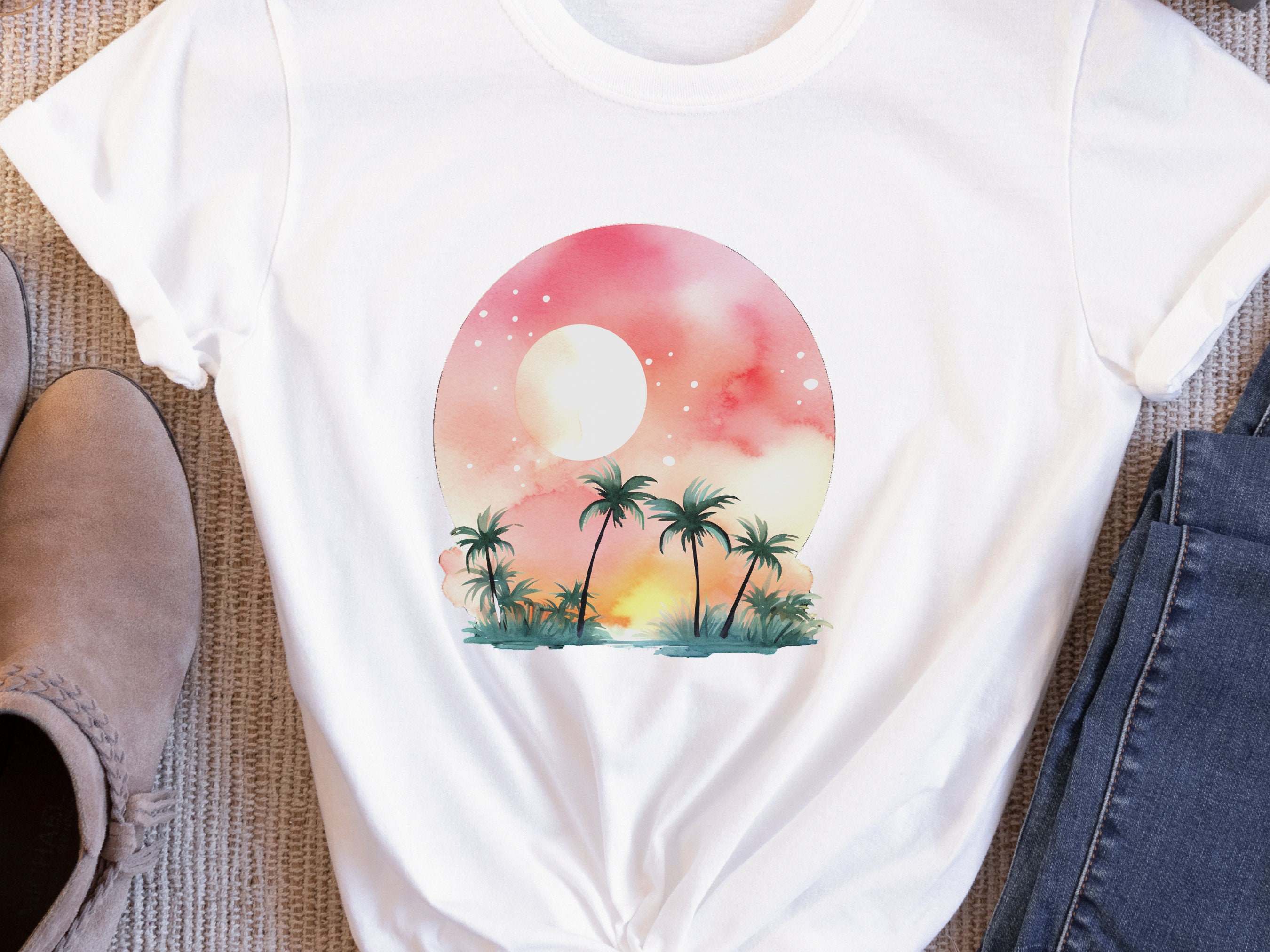 Watercolour Dream Tropical Sunset T-Shirt Pink Orange Yellow Gift For Travellers Beach Beachwear Paradise Travel Cute Serenity Palm Trees - View 6