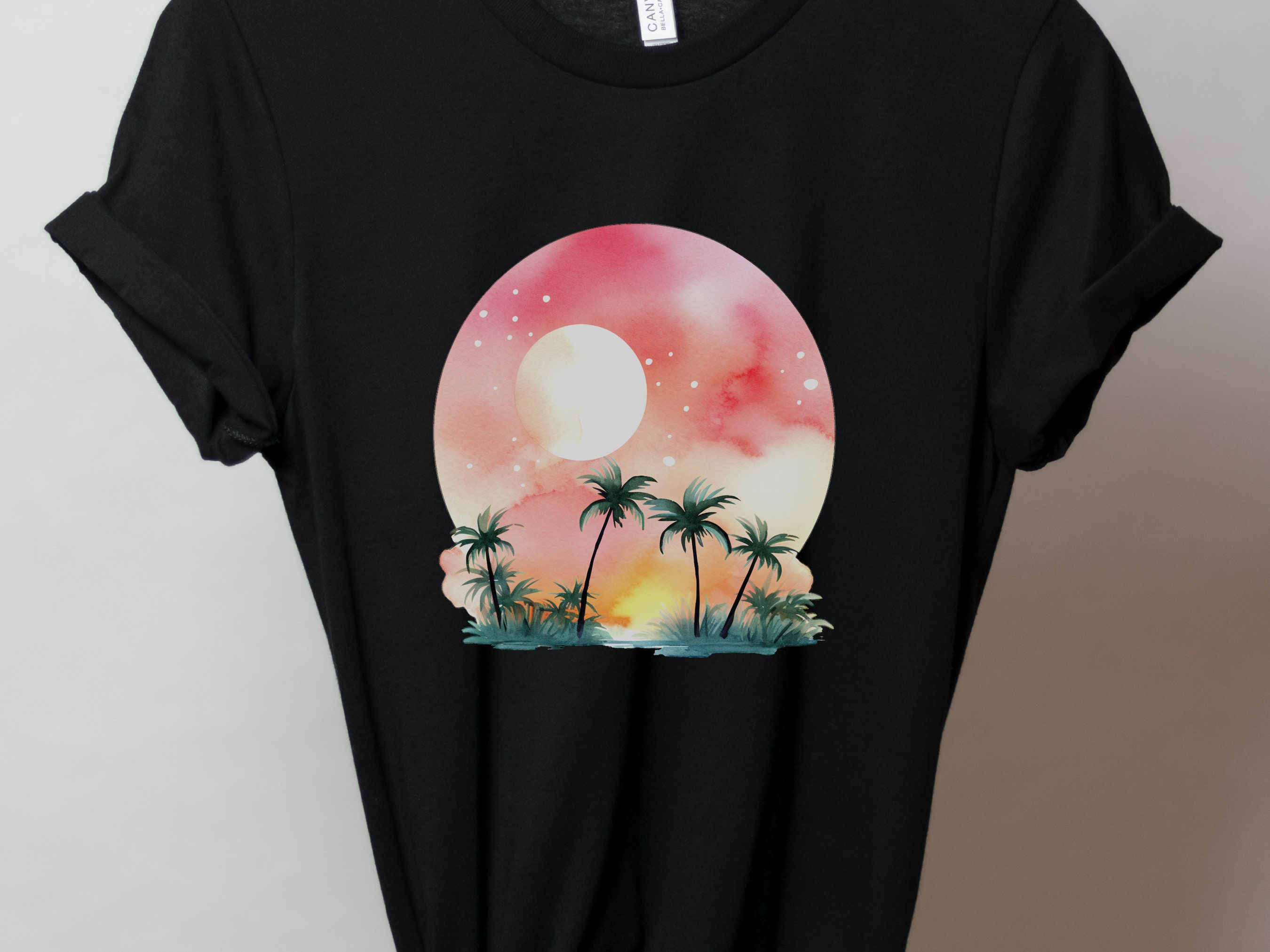 Watercolour Dream Tropical Sunset T-Shirt Pink Orange Yellow Gift For Travellers Beach Beachwear Paradise Travel Cute Serenity Palm Trees - View 7