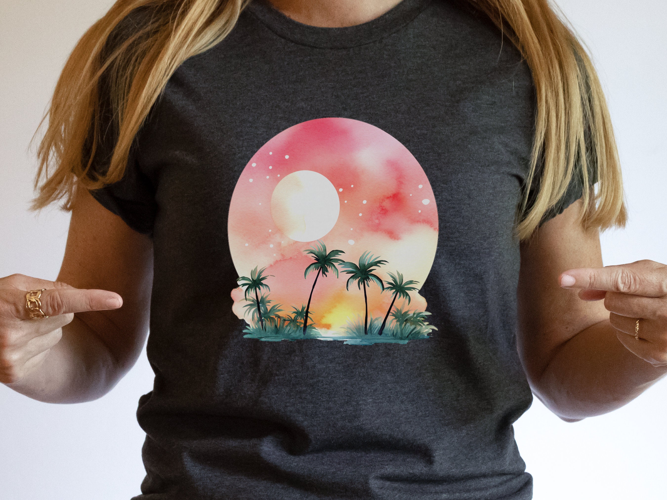 Watercolour Dream Tropical Sunset T-Shirt Pink Orange Yellow Gift For Travellers Beach Beachwear Paradise Travel Cute Serenity Palm Trees - View 8