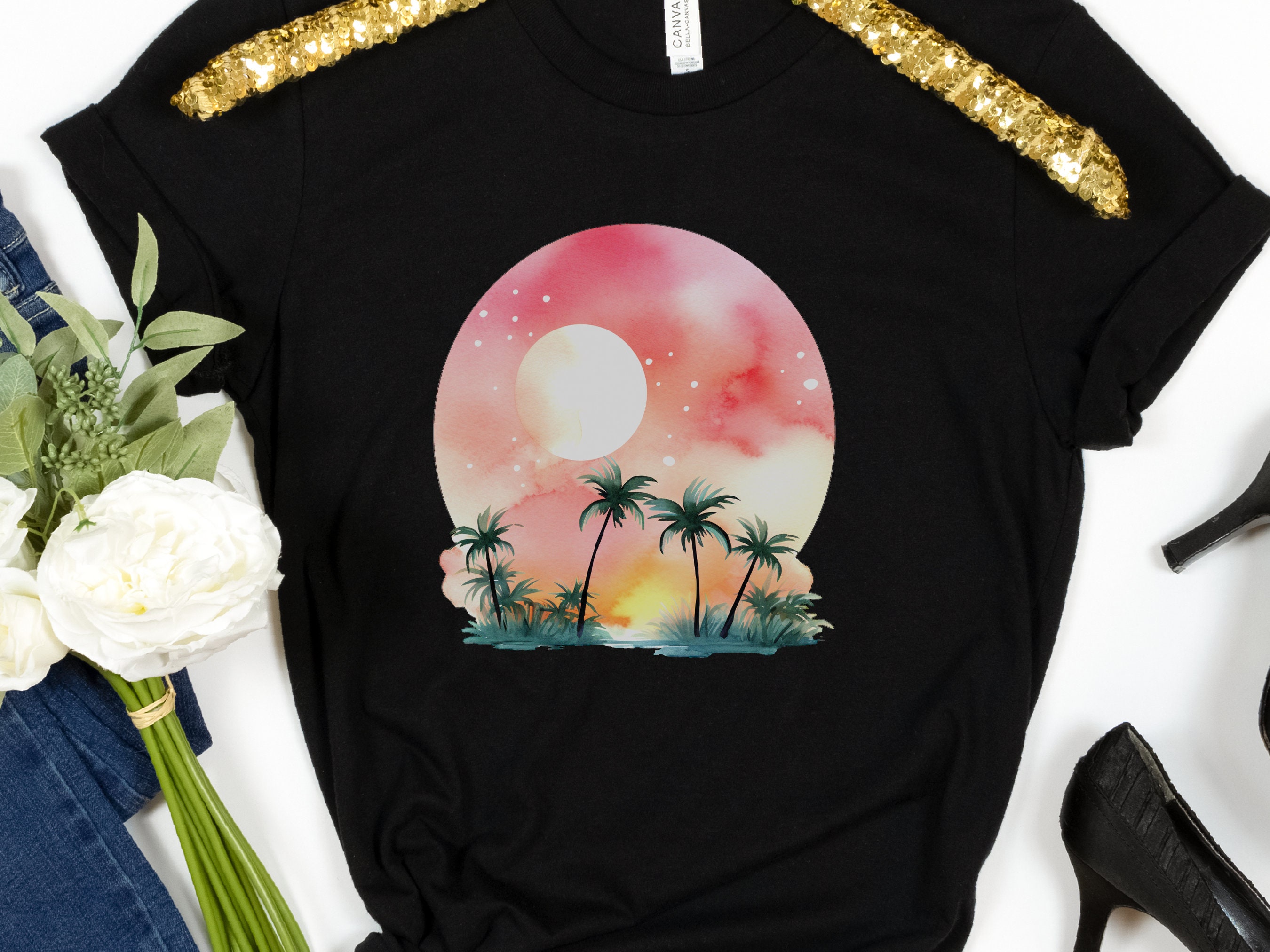 Watercolour Dream Tropical Sunset T-Shirt Pink Orange Yellow Gift For Travellers Beach Beachwear Paradise Travel Cute Serenity Palm Trees - View 9