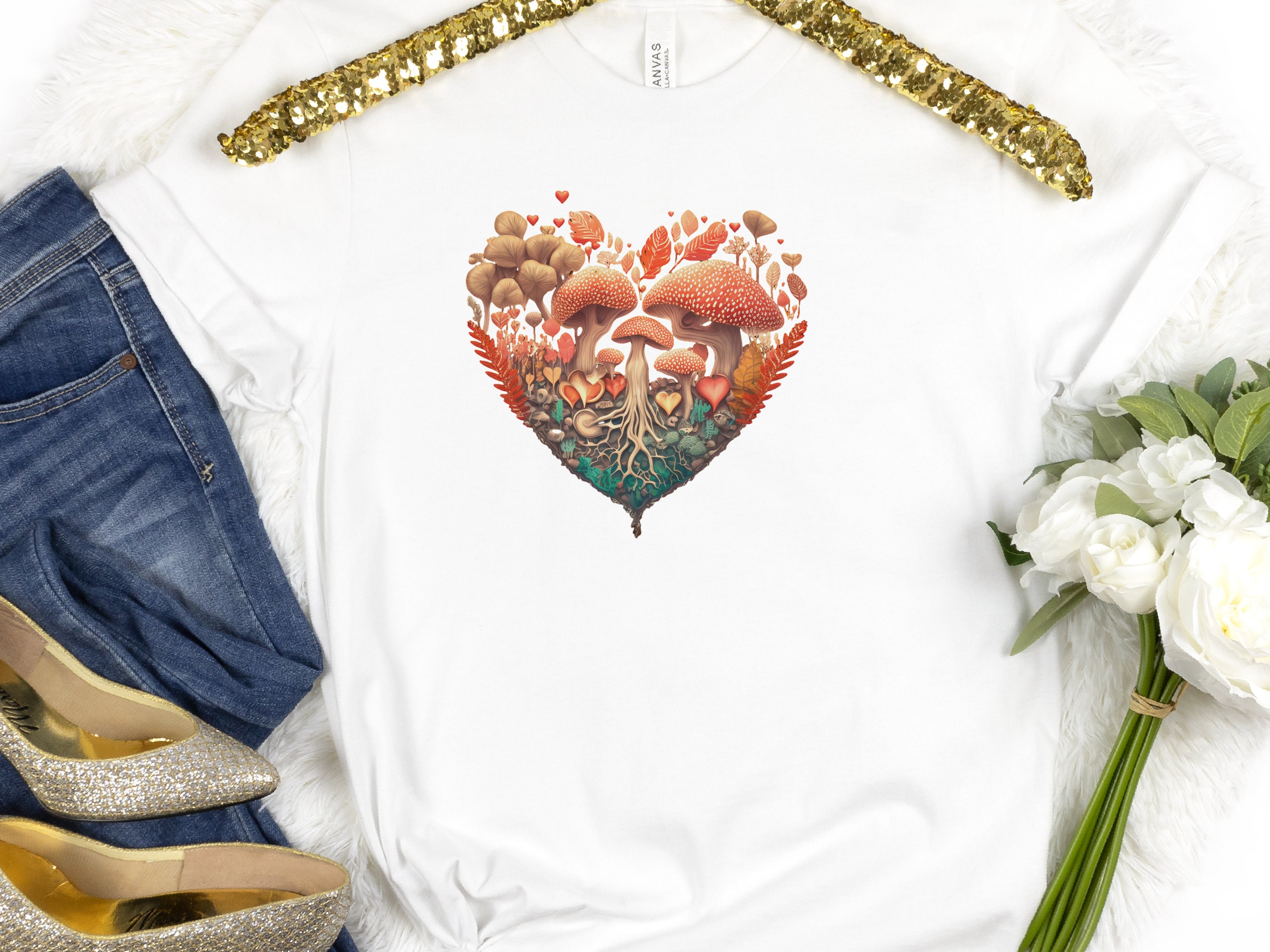 Enchanting Heart-Shaped Mushroom Forest Tee - Fairycore Cottagecore Inspired Mushrooms Earthy Mystical Love Heart Whimsical Magical Woodland