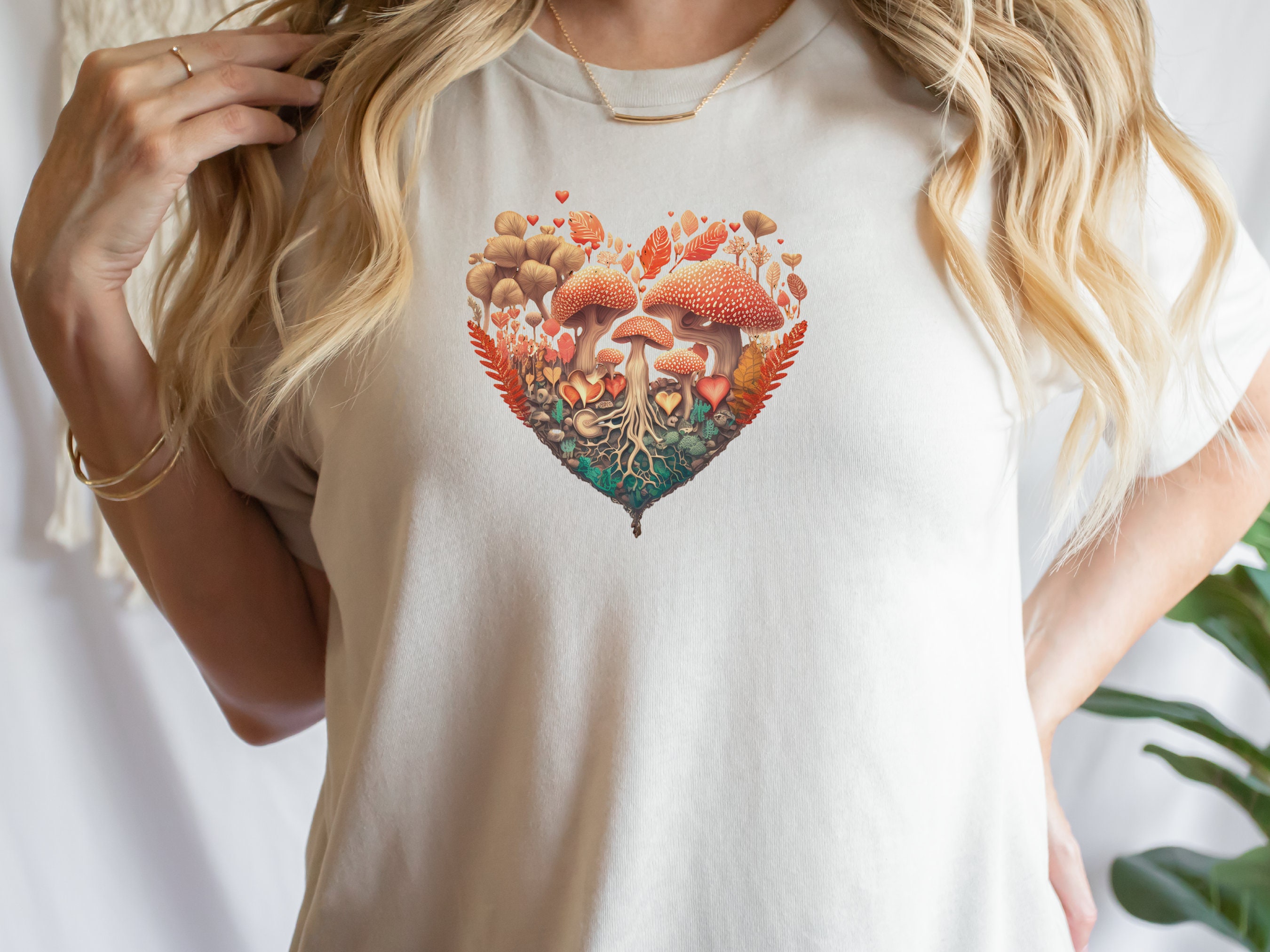 Enchanting Heart-Shaped Mushroom Forest Tee - Fairycore Cottagecore Inspired Mushrooms Earthy Mystical Love Heart Whimsical Magical Woodland - View 2