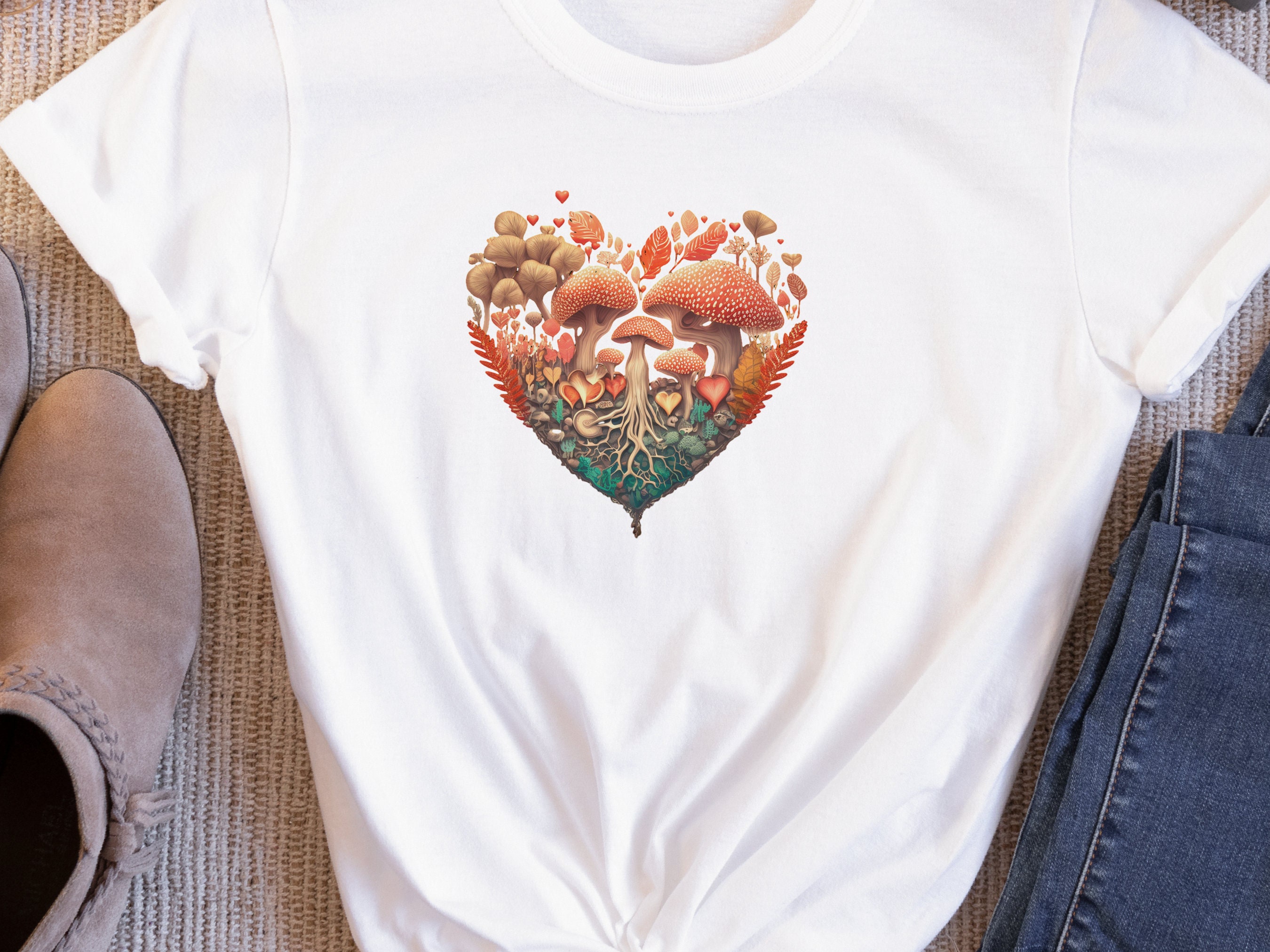 Enchanting Heart-Shaped Mushroom Forest Tee - Fairycore Cottagecore Inspired Mushrooms Earthy Mystical Love Heart Whimsical Magical Woodland - View 3