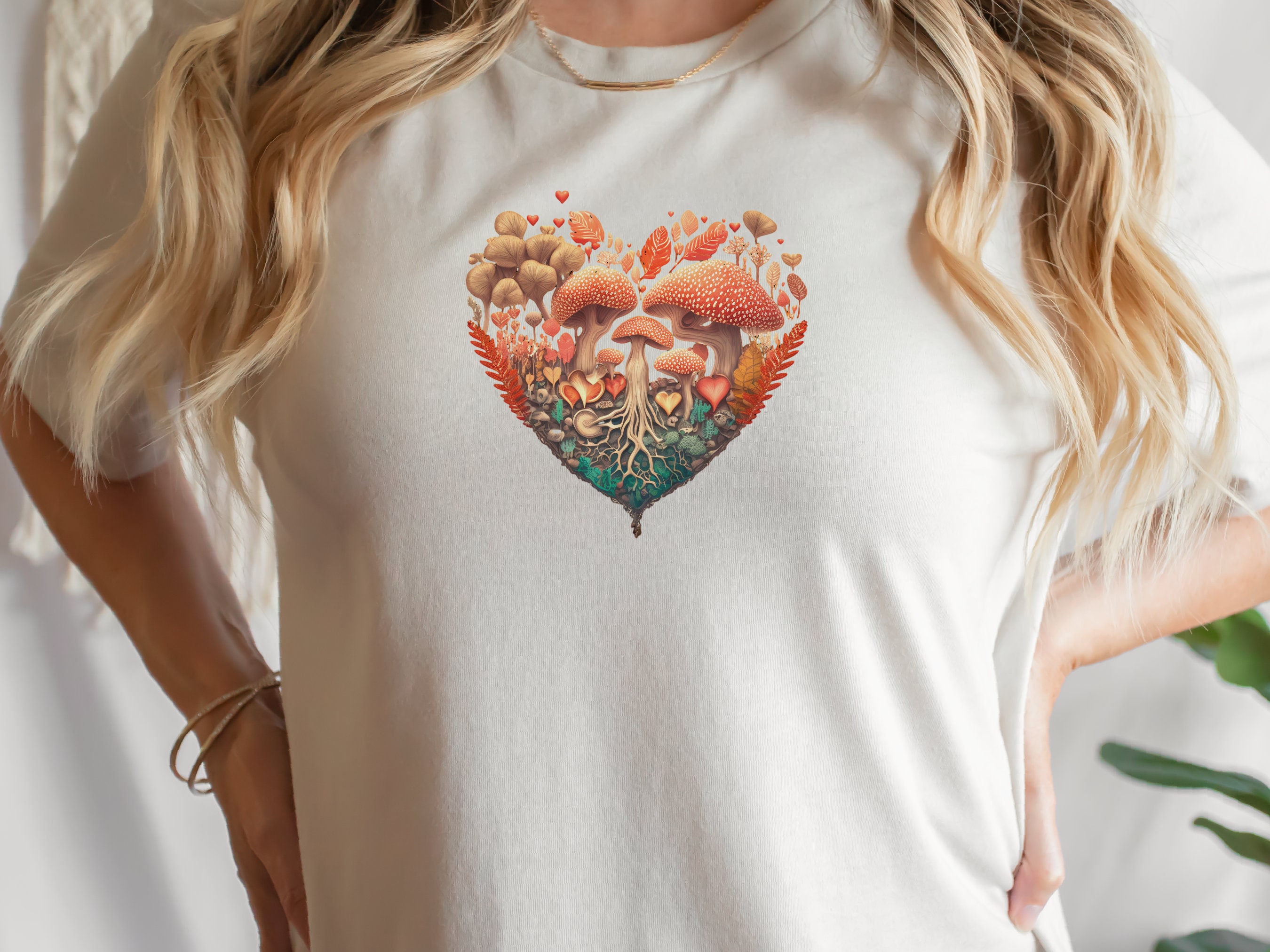 Enchanting Heart-Shaped Mushroom Forest Tee - Fairycore Cottagecore Inspired Mushrooms Earthy Mystical Love Heart Whimsical Magical Woodland - View 4