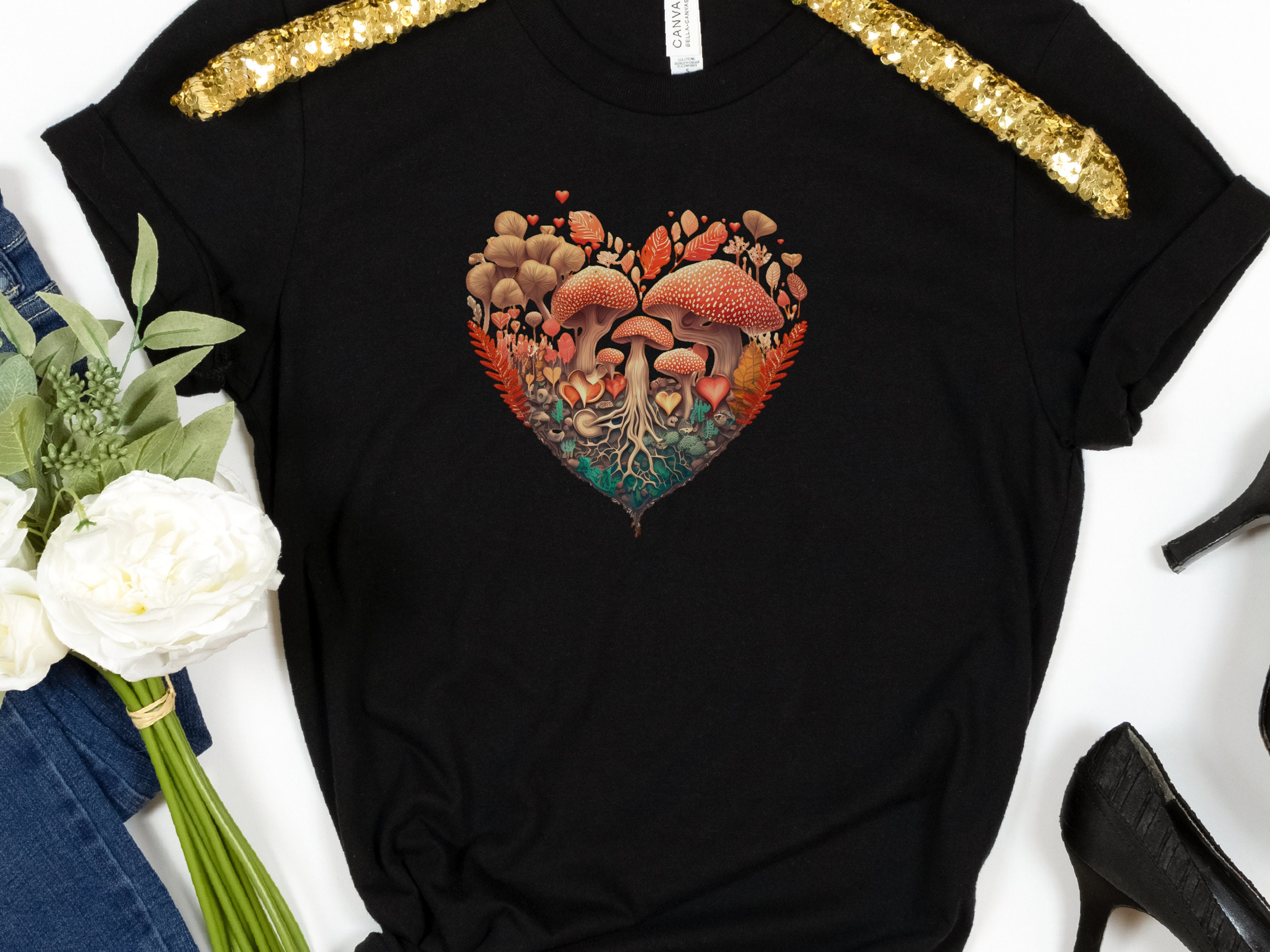 Enchanting Heart-Shaped Mushroom Forest Tee - Fairycore Cottagecore Inspired Mushrooms Earthy Mystical Love Heart Whimsical Magical Woodland - View 5