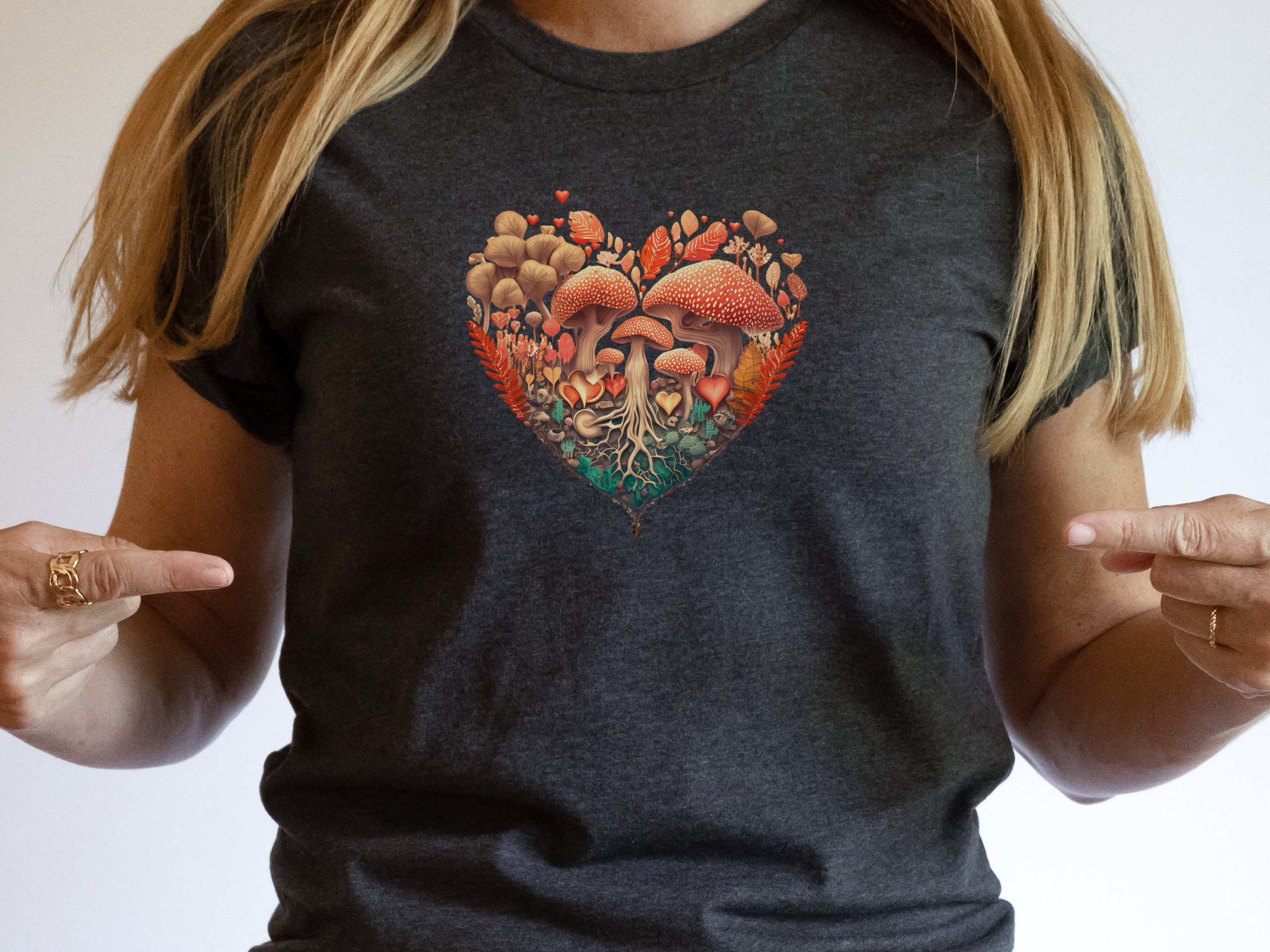 Enchanting Heart-Shaped Mushroom Forest Tee - Fairycore Cottagecore Inspired Mushrooms Earthy Mystical Love Heart Whimsical Magical Woodland - View 6