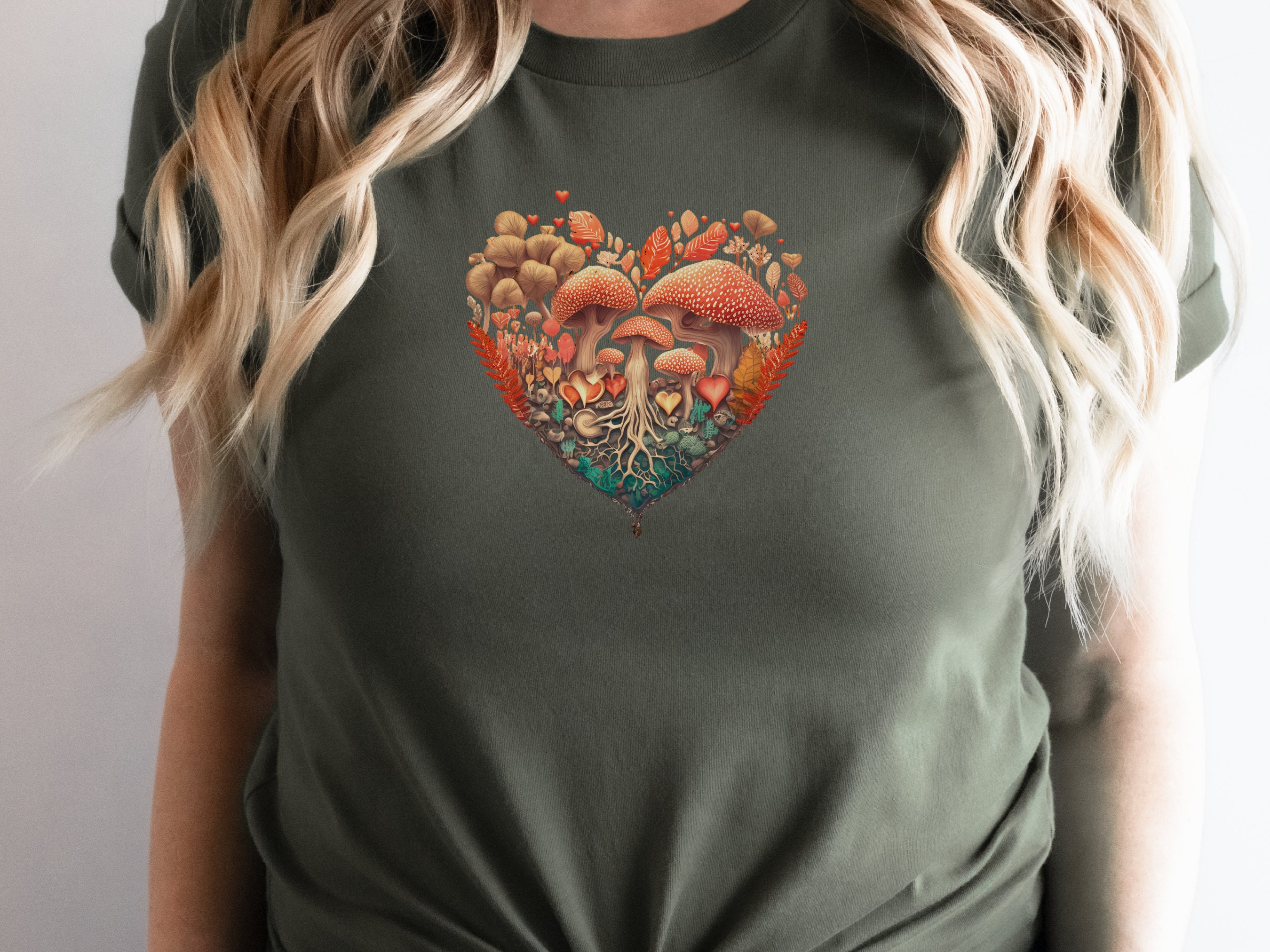 Enchanting Heart-Shaped Mushroom Forest Tee - Fairycore Cottagecore Inspired Mushrooms Earthy Mystical Love Heart Whimsical Magical Woodland - View 8