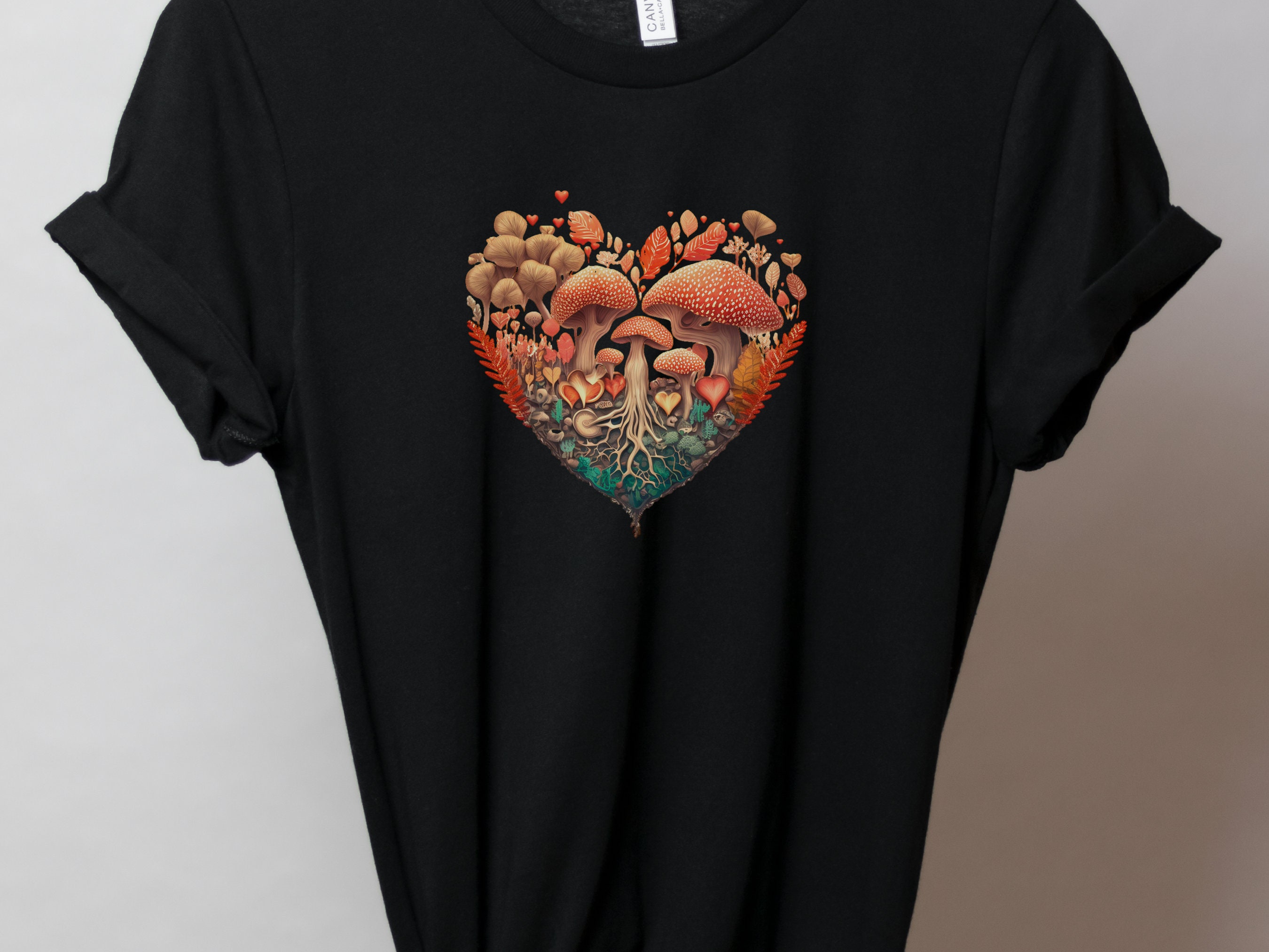 Enchanting Heart-Shaped Mushroom Forest Tee - Fairycore Cottagecore Inspired Mushrooms Earthy Mystical Love Heart Whimsical Magical Woodland - View 9