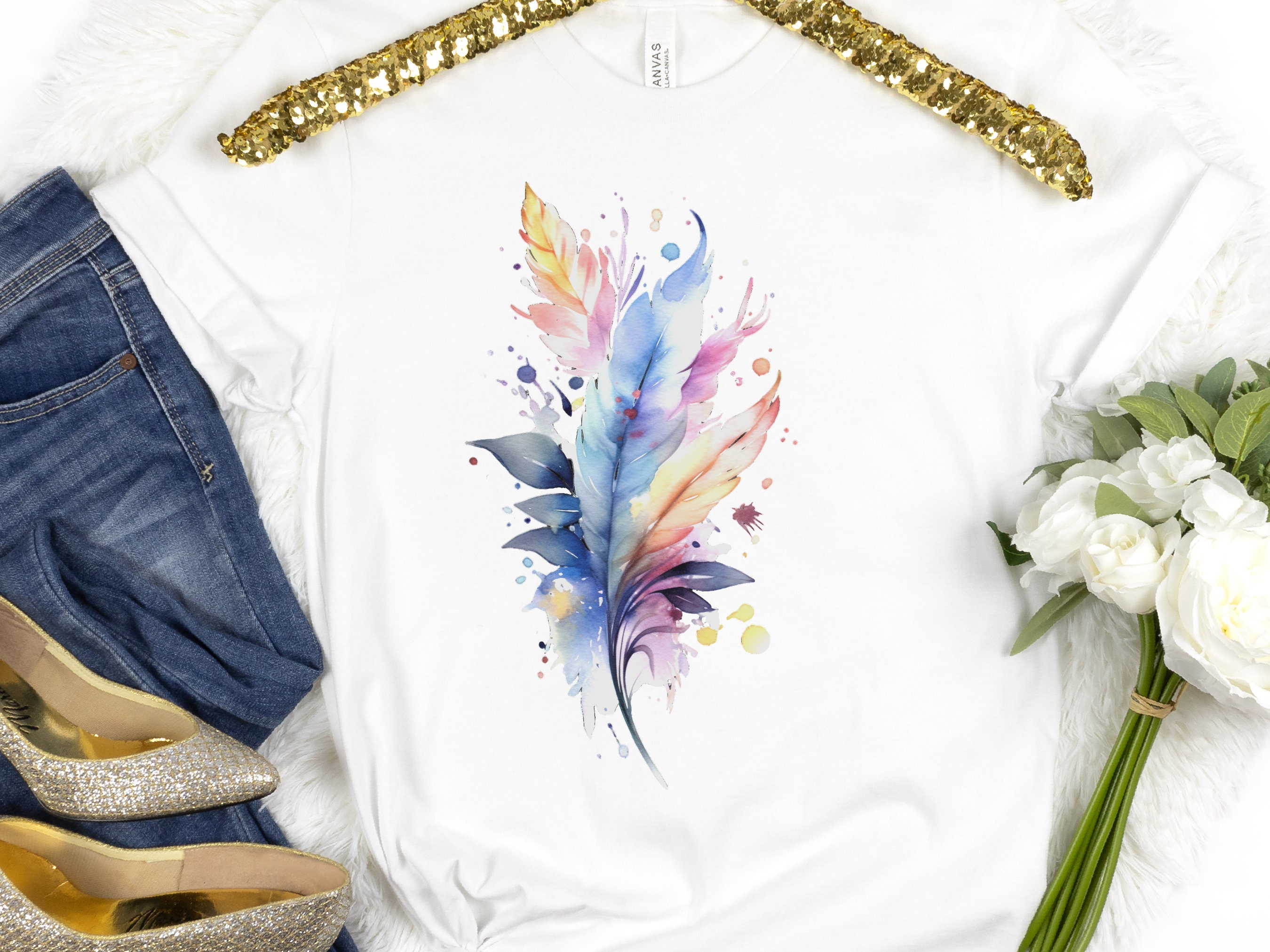 Feathers Tshirt Whimsical Watercolour Feather T-Shirt Gift SImple Pastel Feathers Minimalist Boho Cute Nature Art Pink Blue Freedom Harmony - View 2