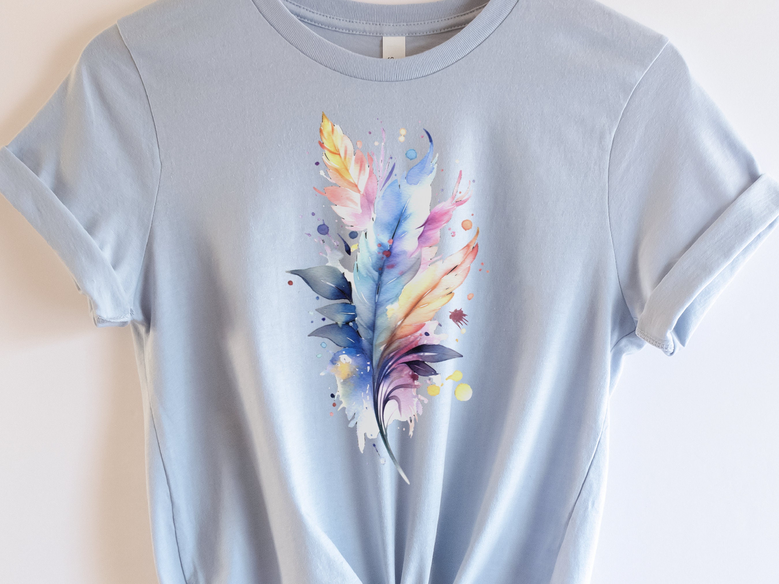 Feathers Tshirt Whimsical Watercolour Feather T-Shirt Gift SImple Pastel Feathers Minimalist Boho Cute Nature Art Pink Blue Freedom Harmony - View 3