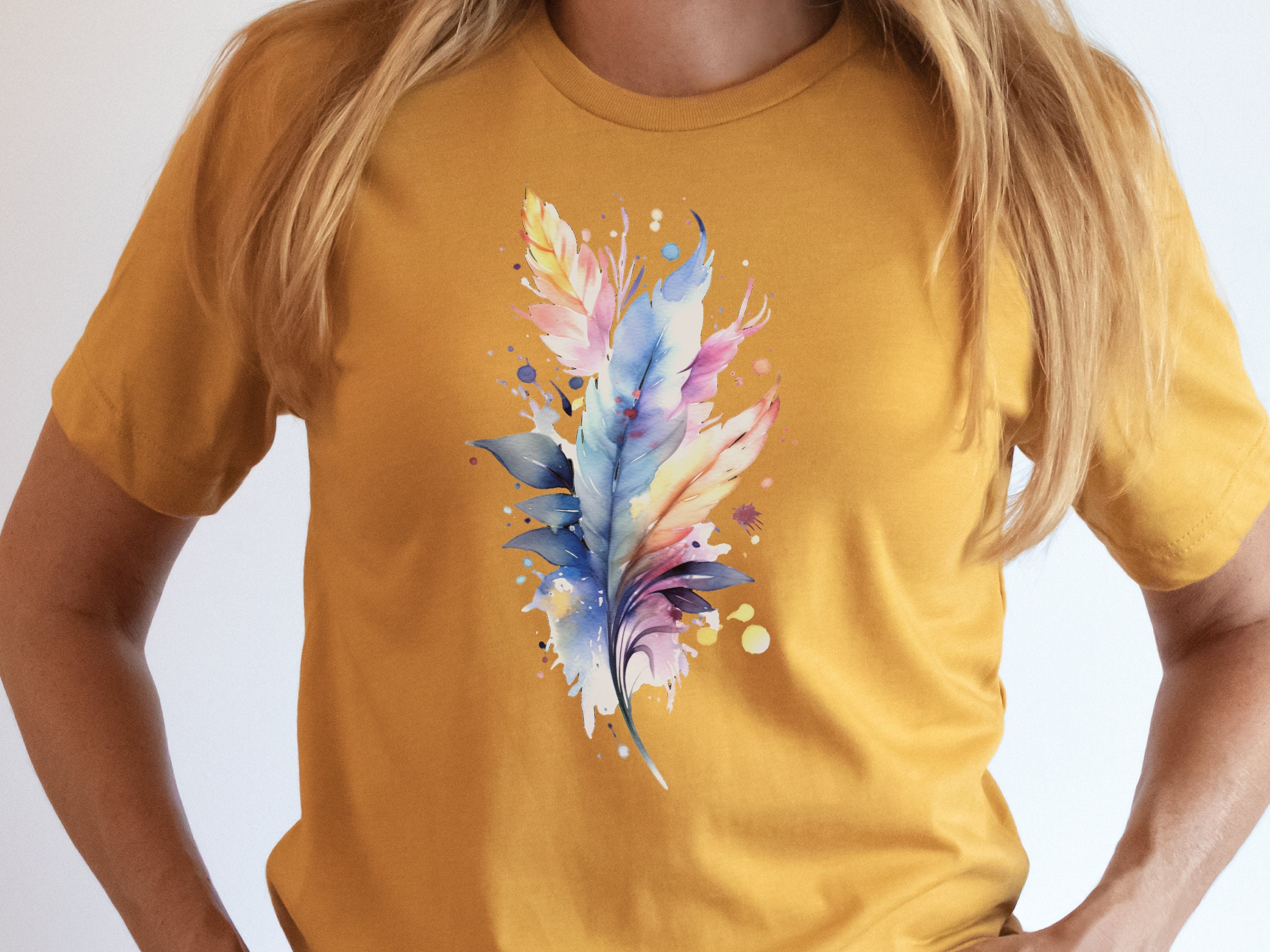 Feathers Tshirt Whimsical Watercolour Feather T-Shirt Gift SImple Pastel Feathers Minimalist Boho Cute Nature Art Pink Blue Freedom Harmony - View 4