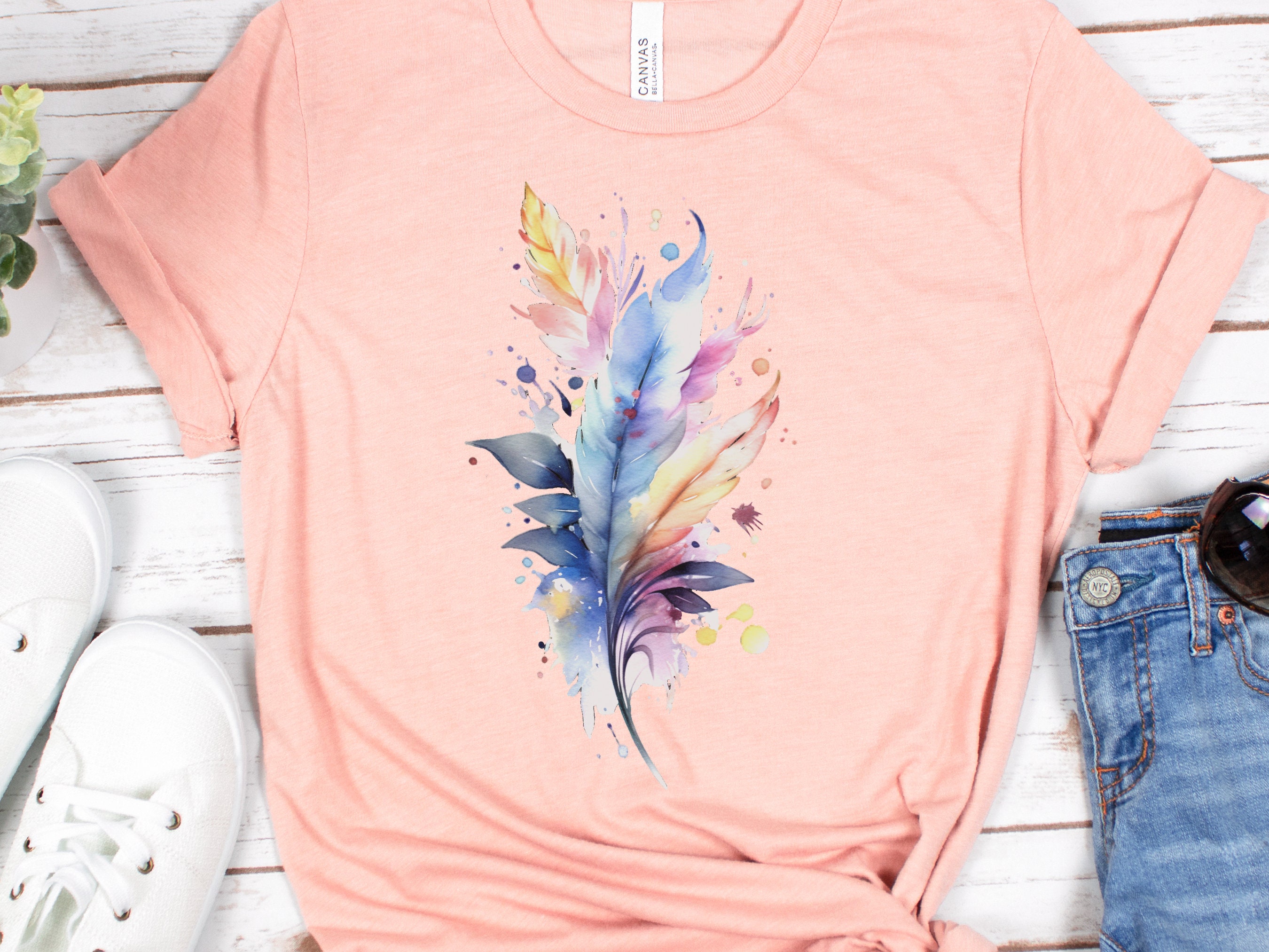 Feathers Tshirt Whimsical Watercolour Feather T-Shirt Gift SImple Pastel Feathers Minimalist Boho Cute Nature Art Pink Blue Freedom Harmony - View 5