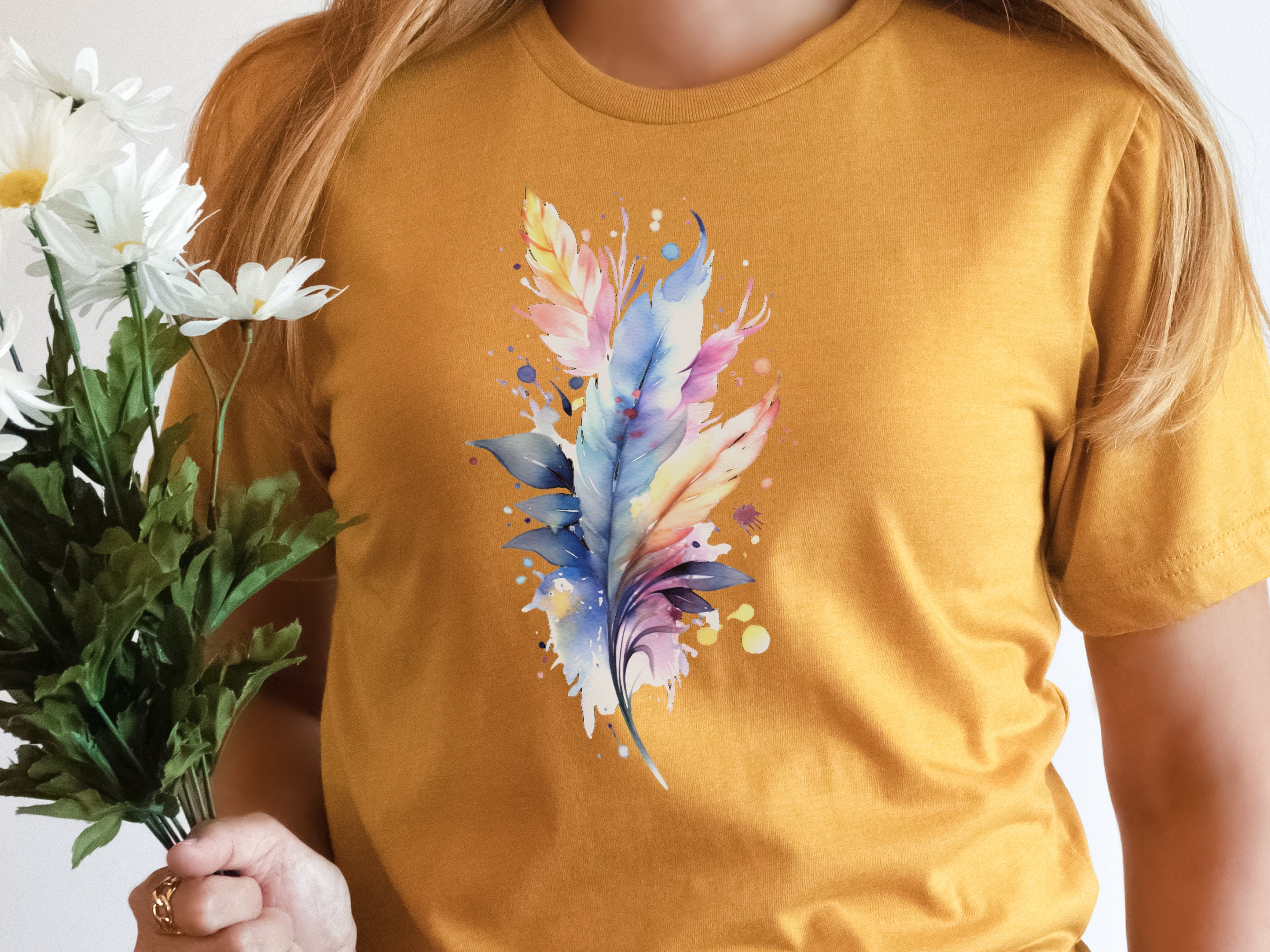 Feathers Tshirt Whimsical Watercolour Feather T-Shirt Gift SImple Pastel Feathers Minimalist Boho Cute Nature Art Pink Blue Freedom Harmony - View 6