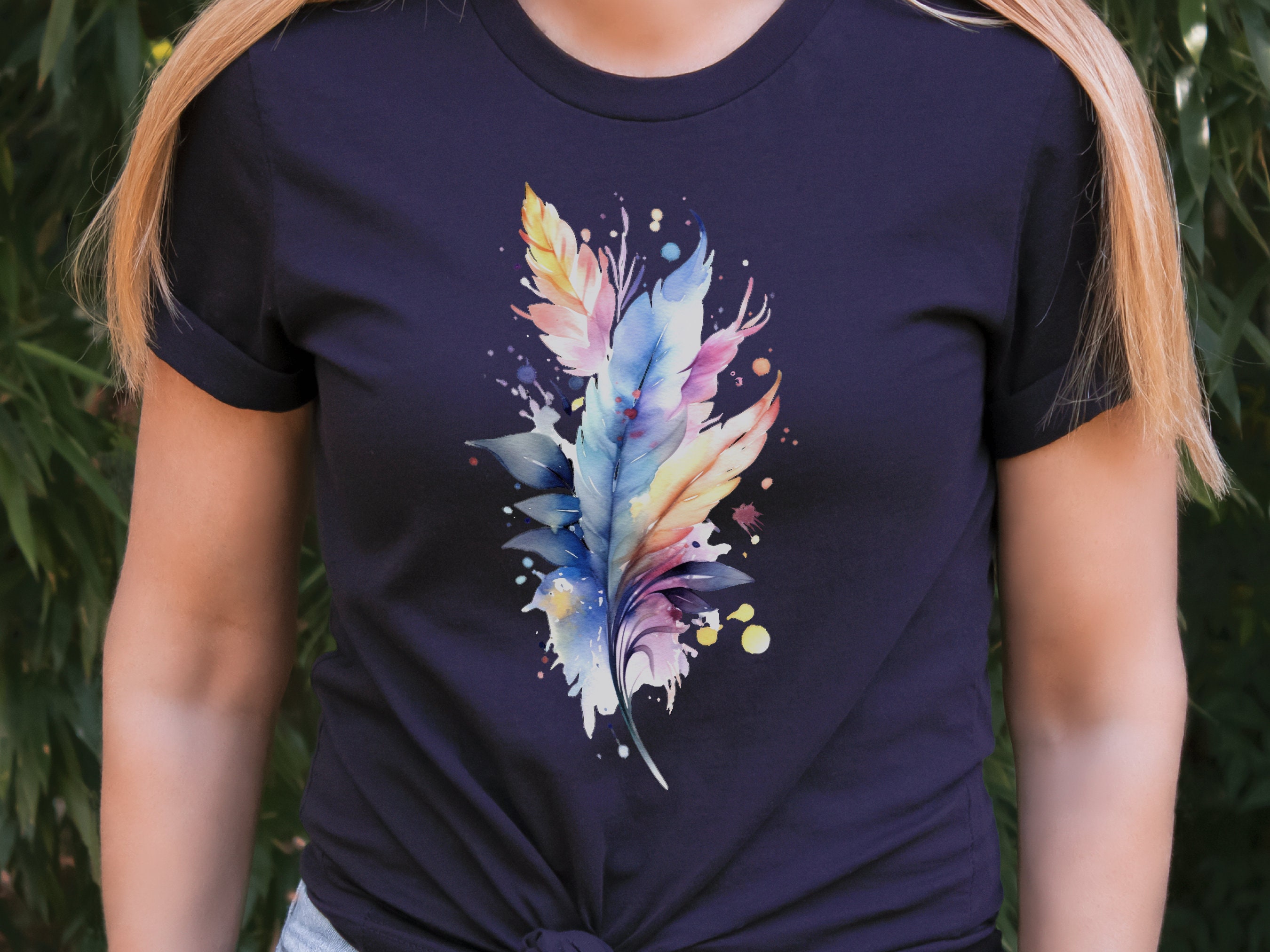 Feathers Tshirt Whimsical Watercolour Feather T-Shirt Gift SImple Pastel Feathers Minimalist Boho Cute Nature Art Pink Blue Freedom Harmony - View 7