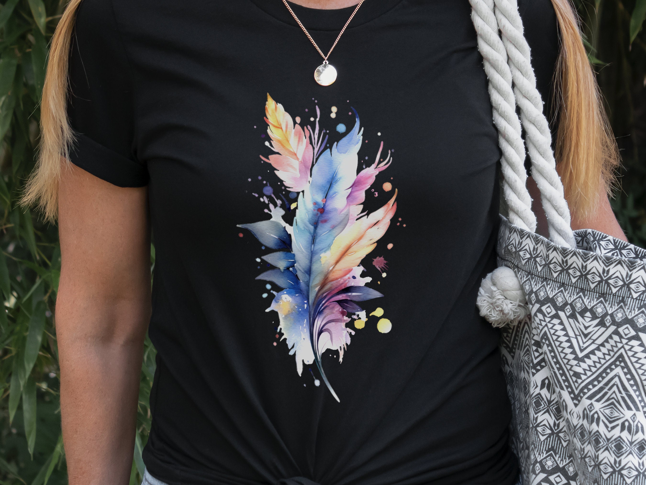 Feathers Tshirt Whimsical Watercolour Feather T-Shirt Gift SImple Pastel Feathers Minimalist Boho Cute Nature Art Pink Blue Freedom Harmony - View 8