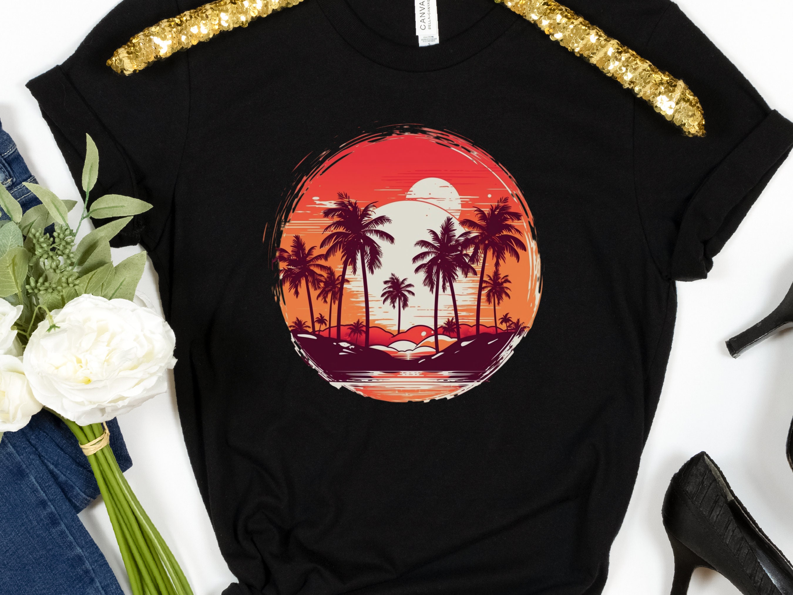 Retro Tropical Tshirt Paradise Vintage Sunset Chaser Tee Nostalgic Travel Gift Summer Vibes Summery Palm Trees Hawaii Women's Beach Shirt - View 2