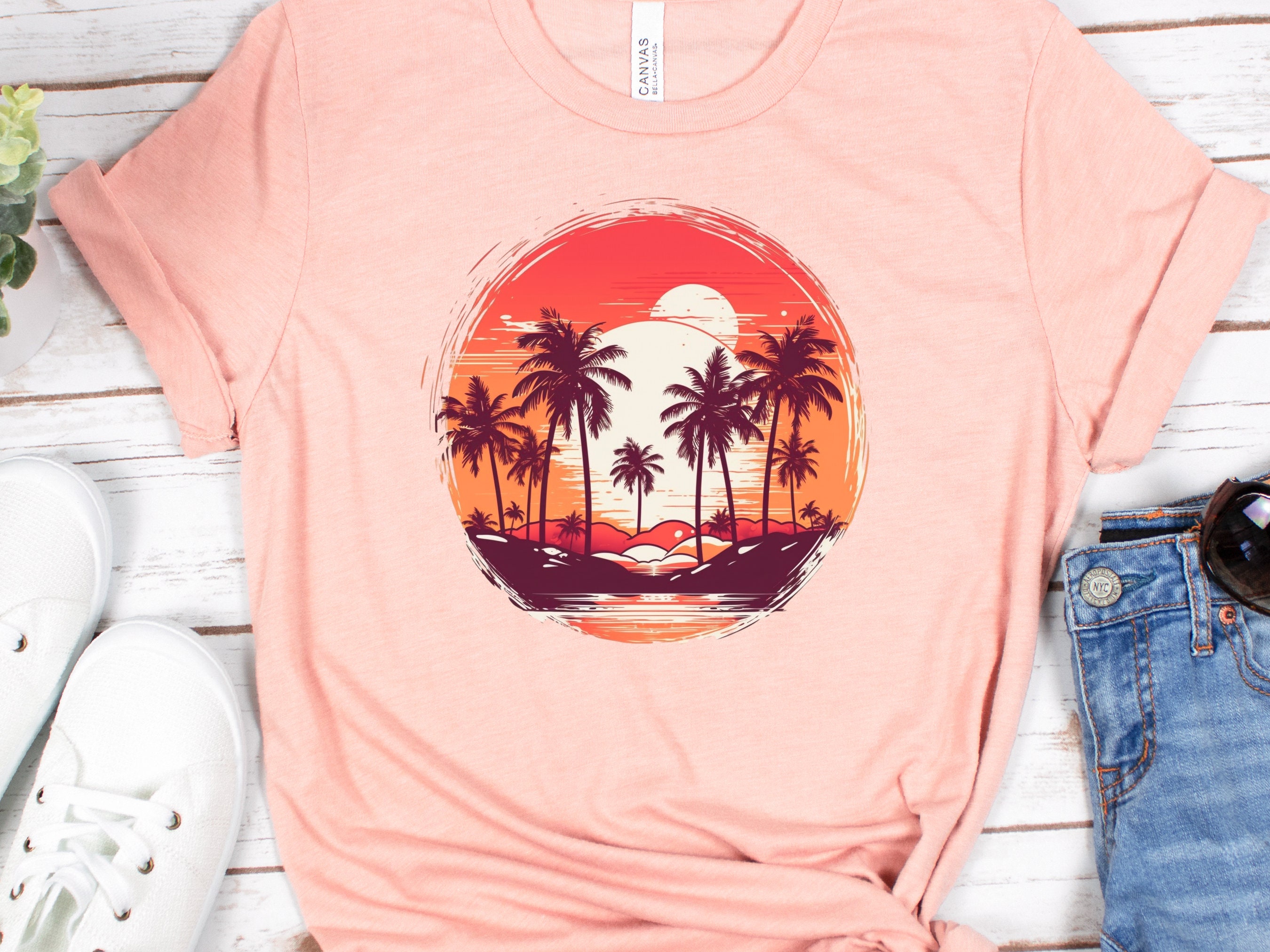 Retro Tropical Tshirt Paradise Vintage Sunset Chaser Tee Nostalgic Travel Gift Summer Vibes Summery Palm Trees Hawaii Women's Beach Shirt - View 3