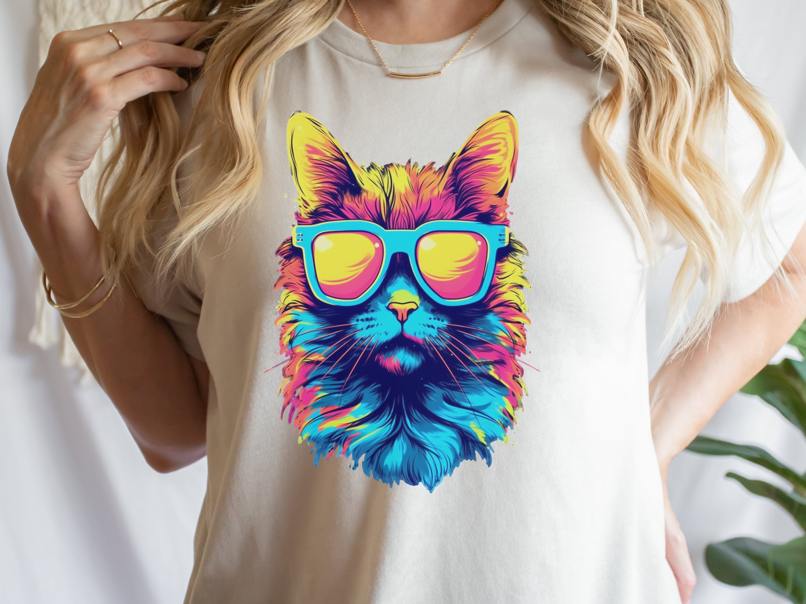 Synthwave Cat T-shirt with Sunglasses Futuristic Vibrant Psychedelic Tee Sci-Fi Neon Rebel Bright Colourful 80s Retro Cool Cats Summer Shirt - View 7