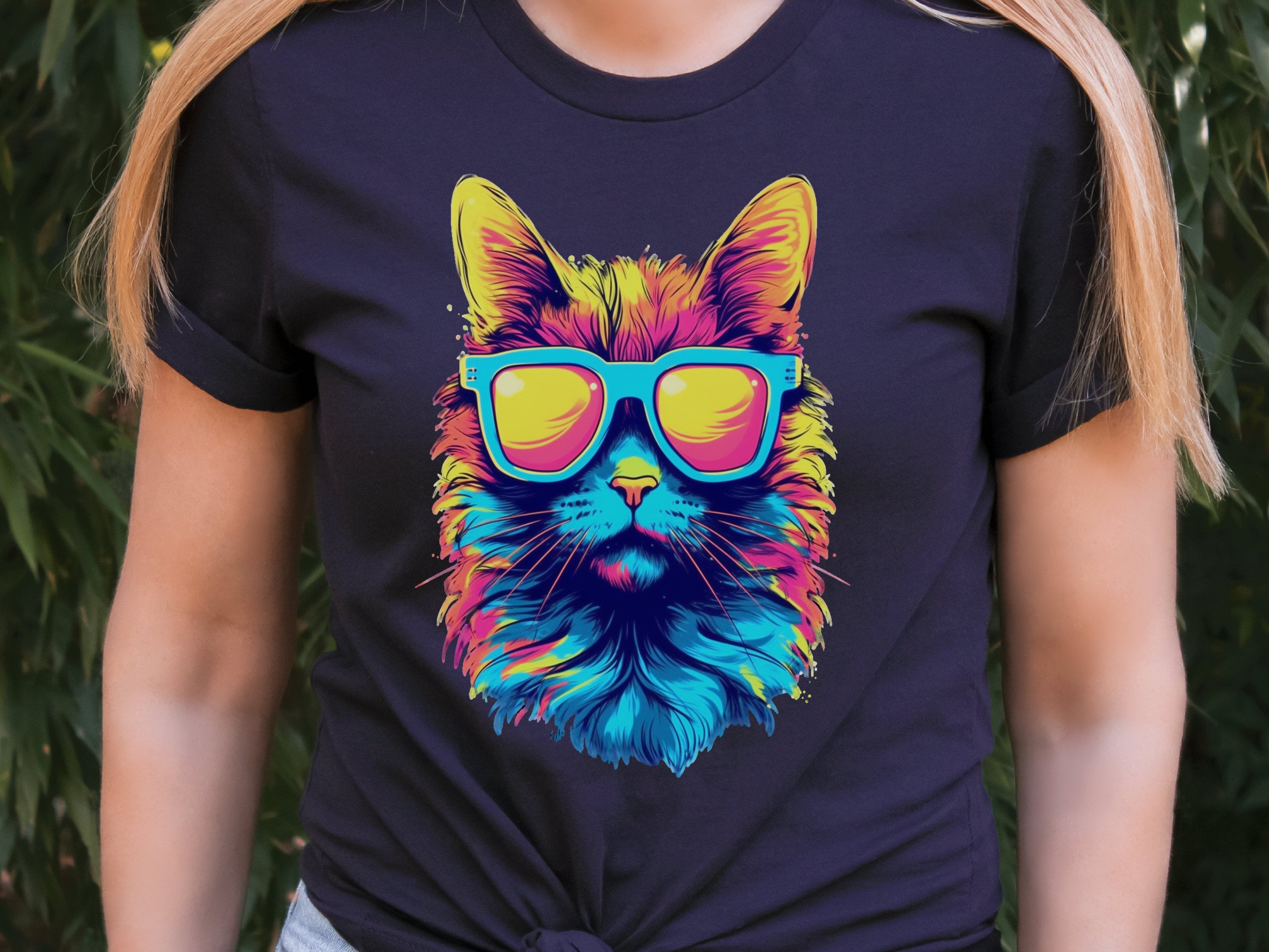 Synthwave Cat T-shirt with Sunglasses Futuristic Vibrant Psychedelic Tee Sci-Fi Neon Rebel Bright Colourful 80s Retro Cool Cats Summer Shirt - View 5