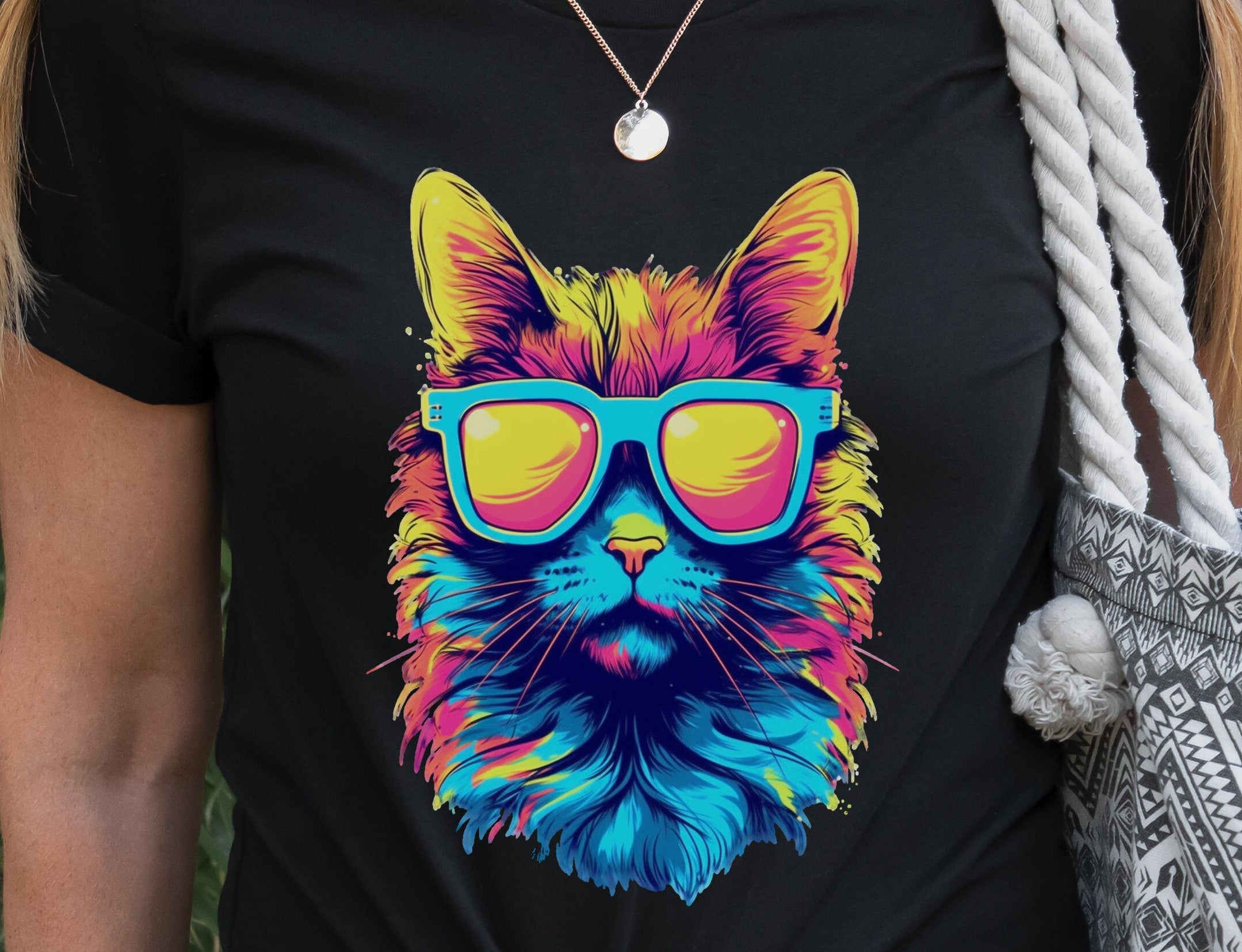 Synthwave Cat T-shirt with Sunglasses Futuristic Vibrant Psychedelic Tee Sci-Fi Neon Rebel Bright Colourful 80s Retro Cool Cats Summer Shirt - View 2