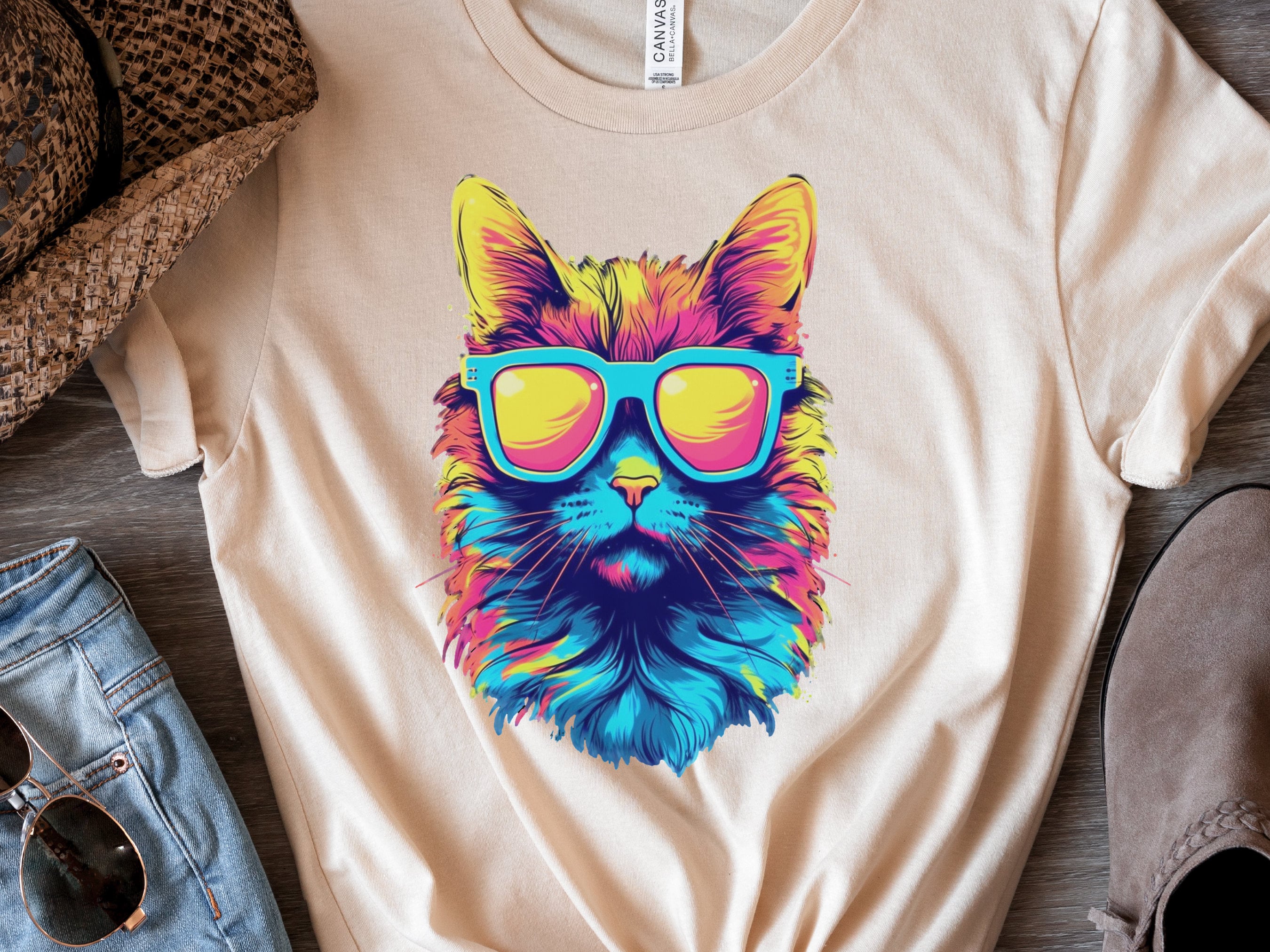 Synthwave Cat T-shirt with Sunglasses Futuristic Vibrant Psychedelic Tee Sci-Fi Neon Rebel Bright Colourful 80s Retro Cool Cats Summer Shirt - View 3