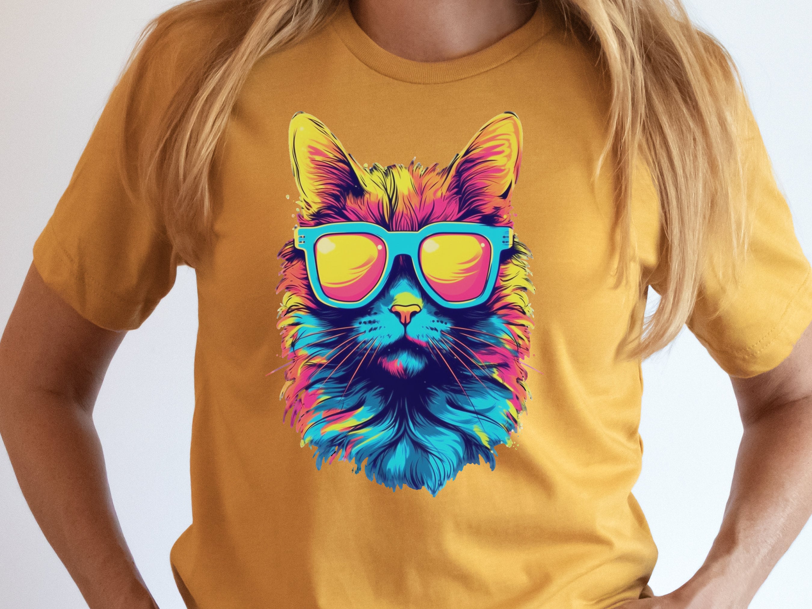 Synthwave Cat T-shirt with Sunglasses Futuristic Vibrant Psychedelic Tee Sci-Fi Neon Rebel Bright Colourful 80s Retro Cool Cats Summer Shirt - View 6