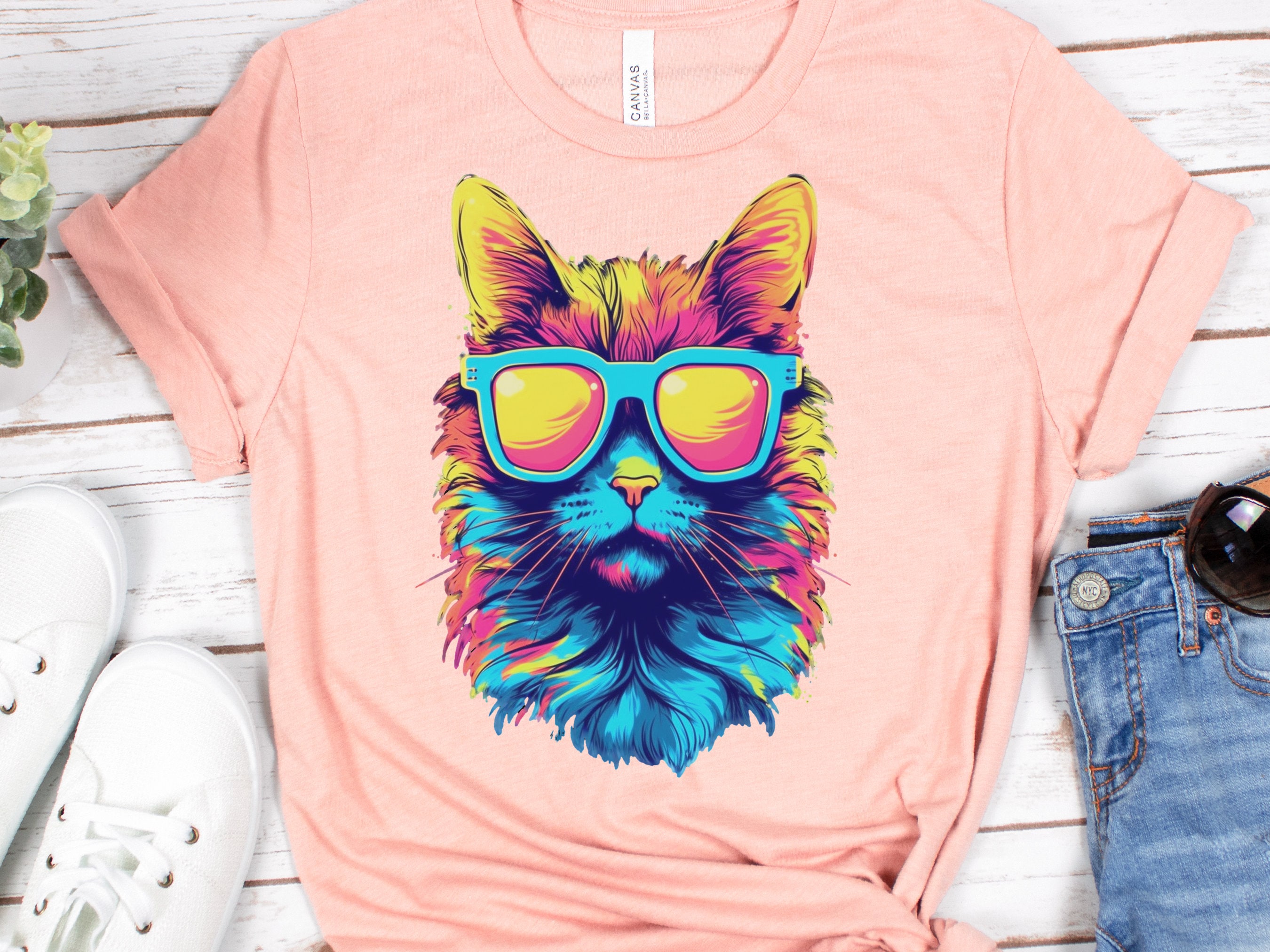 Synthwave Cat T-shirt with Sunglasses Futuristic Vibrant Psychedelic Tee Sci-Fi Neon Rebel Bright Colourful 80s Retro Cool Cats Summer Shirt - View 8