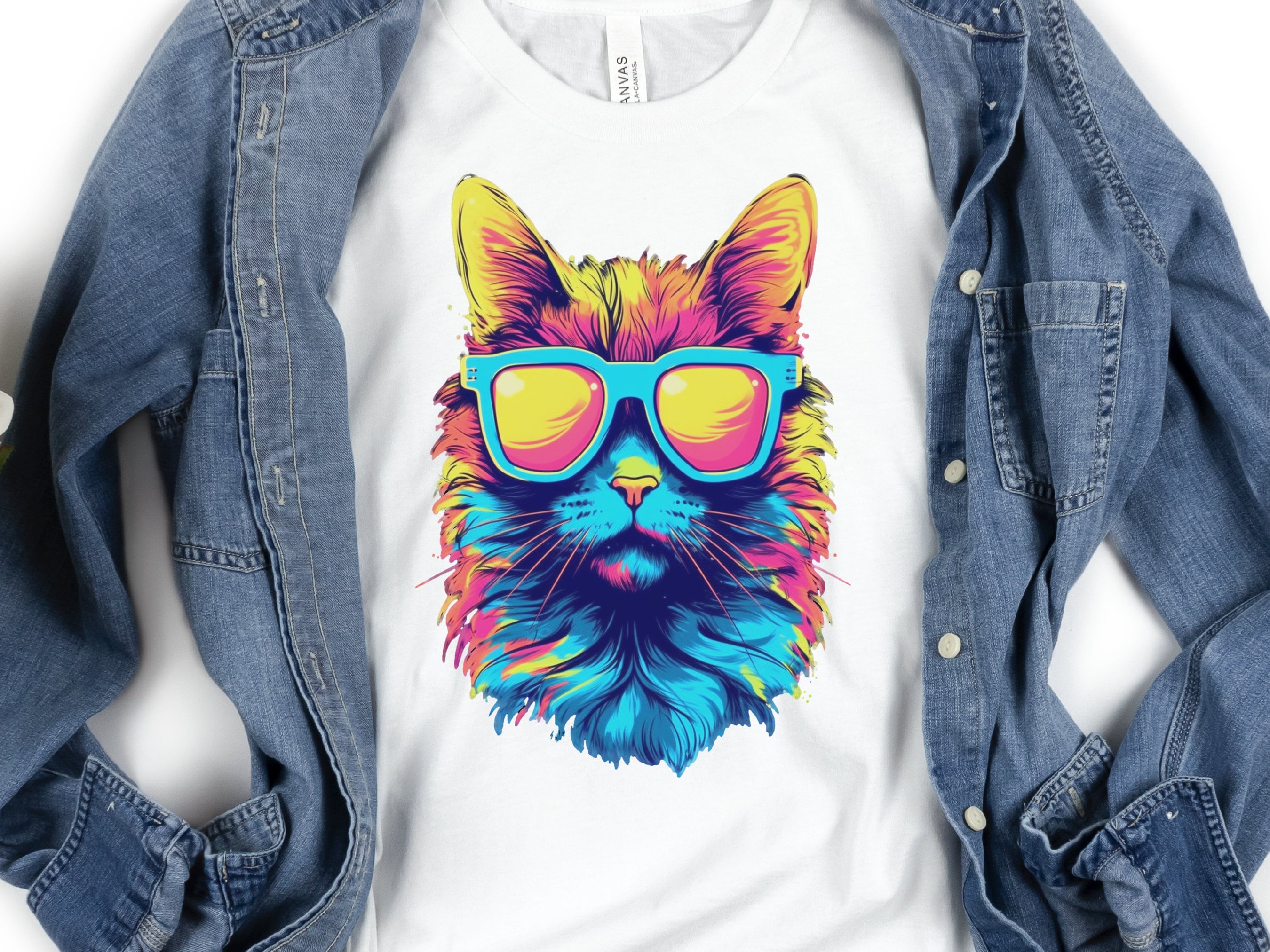 Synthwave Cat T-shirt with Sunglasses Futuristic Vibrant Psychedelic Tee Sci-Fi Neon Rebel Bright Colourful 80s Retro Cool Cats Summer Shirt - View 4