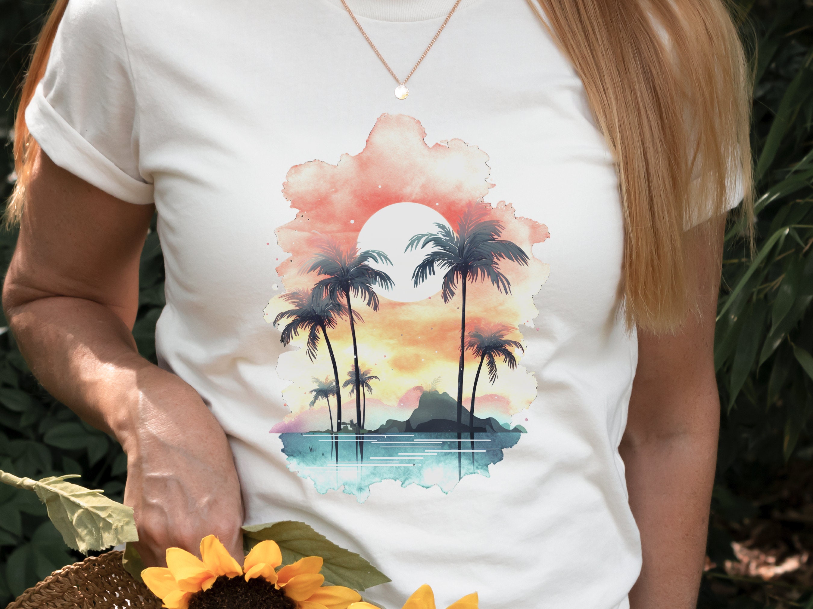 Tropical Sunset Watercolour T-Shirt Landscape Vacation Holiday Shirt Desert Island Travel Getaway Beach Vibes Palm Trees Sun Sea Sand Sky - View 2