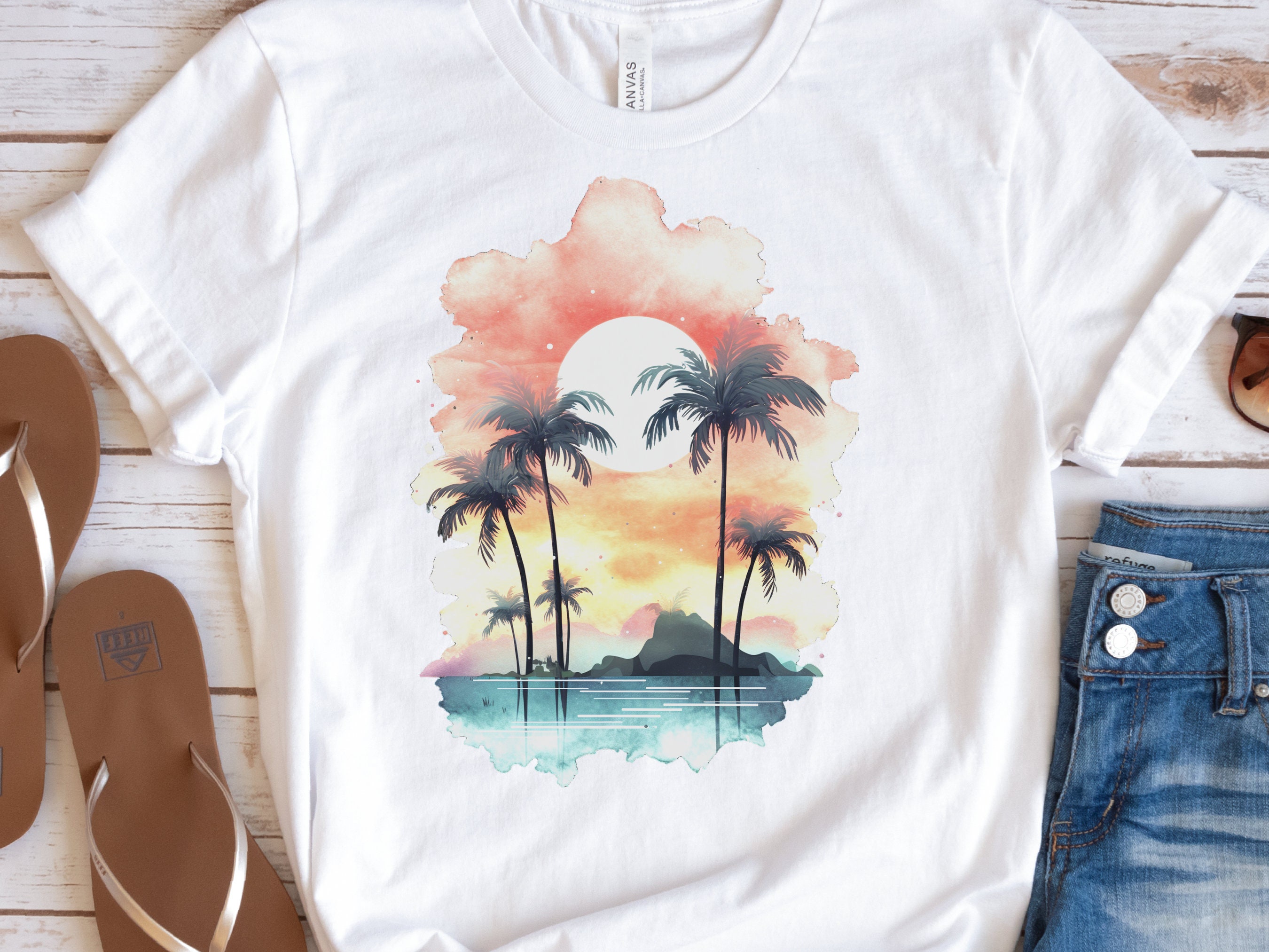 Tropical Sunset Watercolour T-Shirt Landscape Vacation Holiday Shirt Desert Island Travel Getaway Beach Vibes Palm Trees Sun Sea Sand Sky - View 3