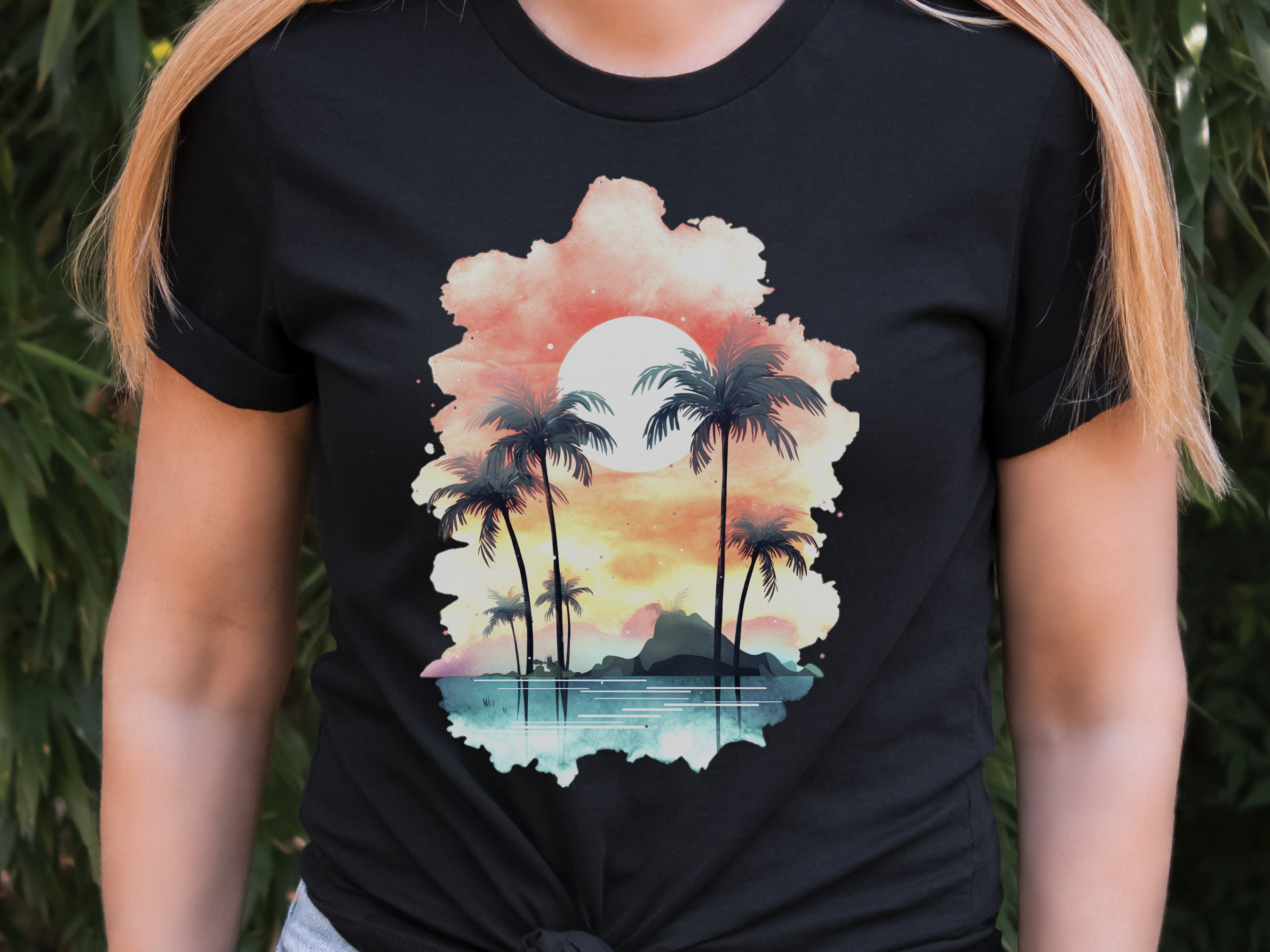 Tropical Sunset Watercolour T-Shirt Landscape Vacation Holiday Shirt Desert Island Travel Getaway Beach Vibes Palm Trees Sun Sea Sand Sky - View 4