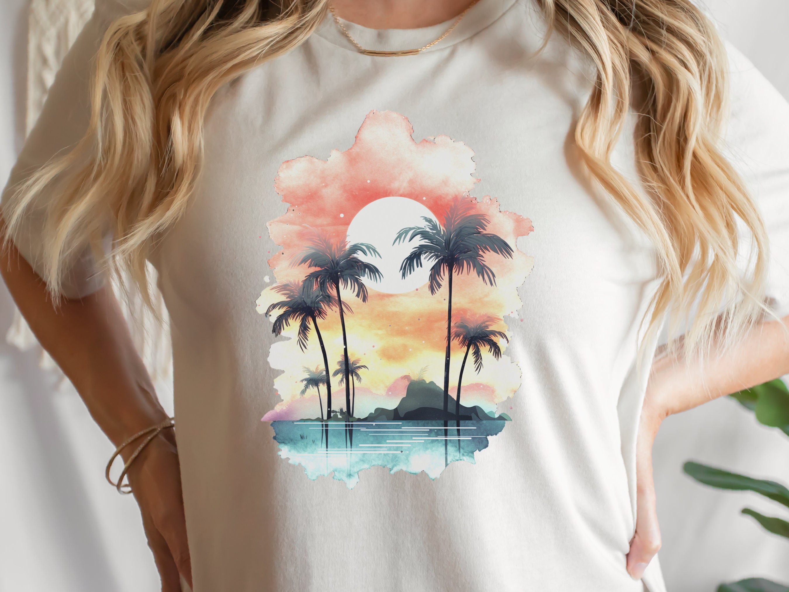 Tropical Sunset Watercolour T-Shirt Landscape Vacation Holiday Shirt Desert Island Travel Getaway Beach Vibes Palm Trees Sun Sea Sand Sky - View 5