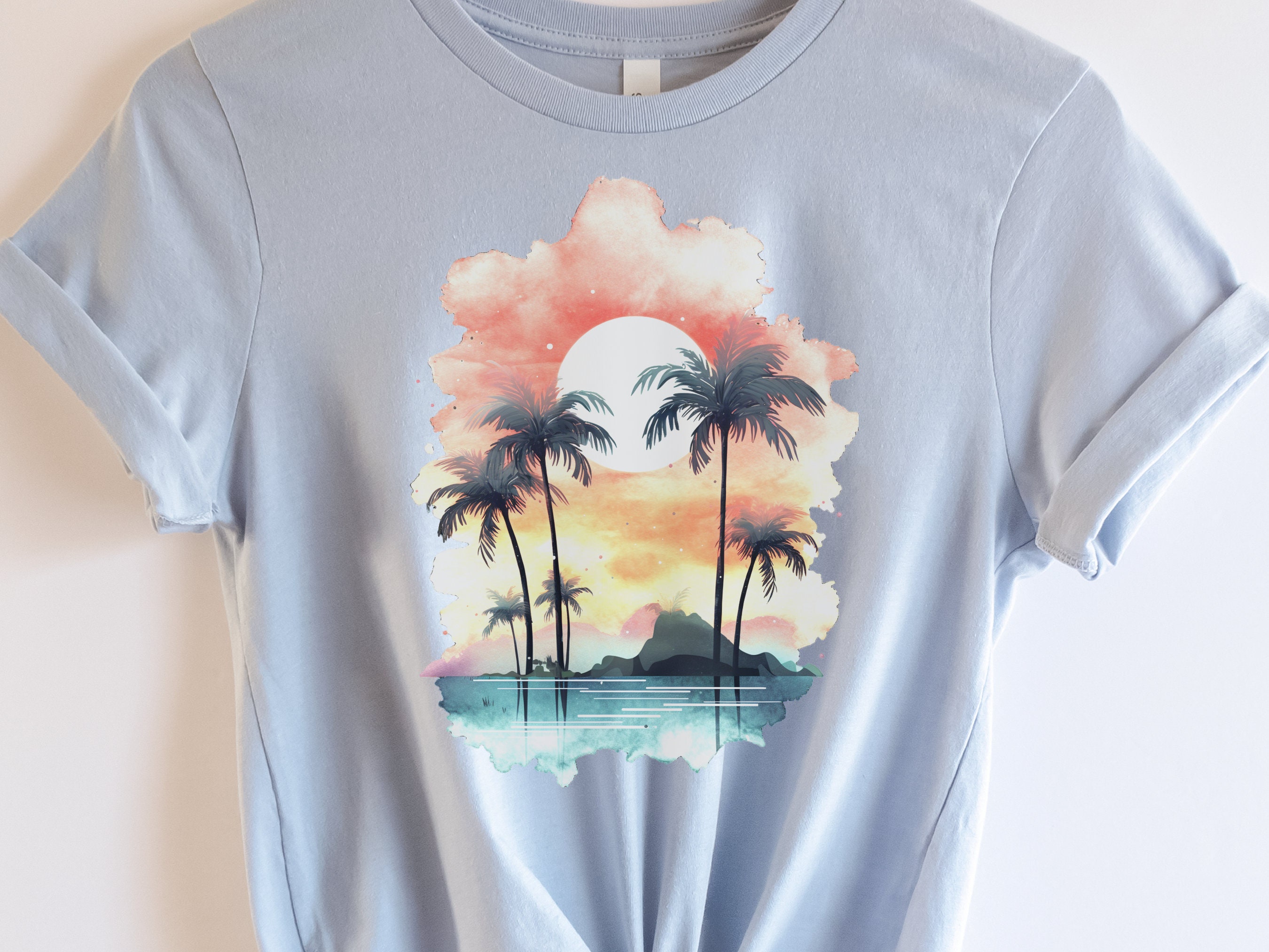 Tropical Sunset Watercolour T-Shirt Landscape Vacation Holiday Shirt Desert Island Travel Getaway Beach Vibes Palm Trees Sun Sea Sand Sky - View 6