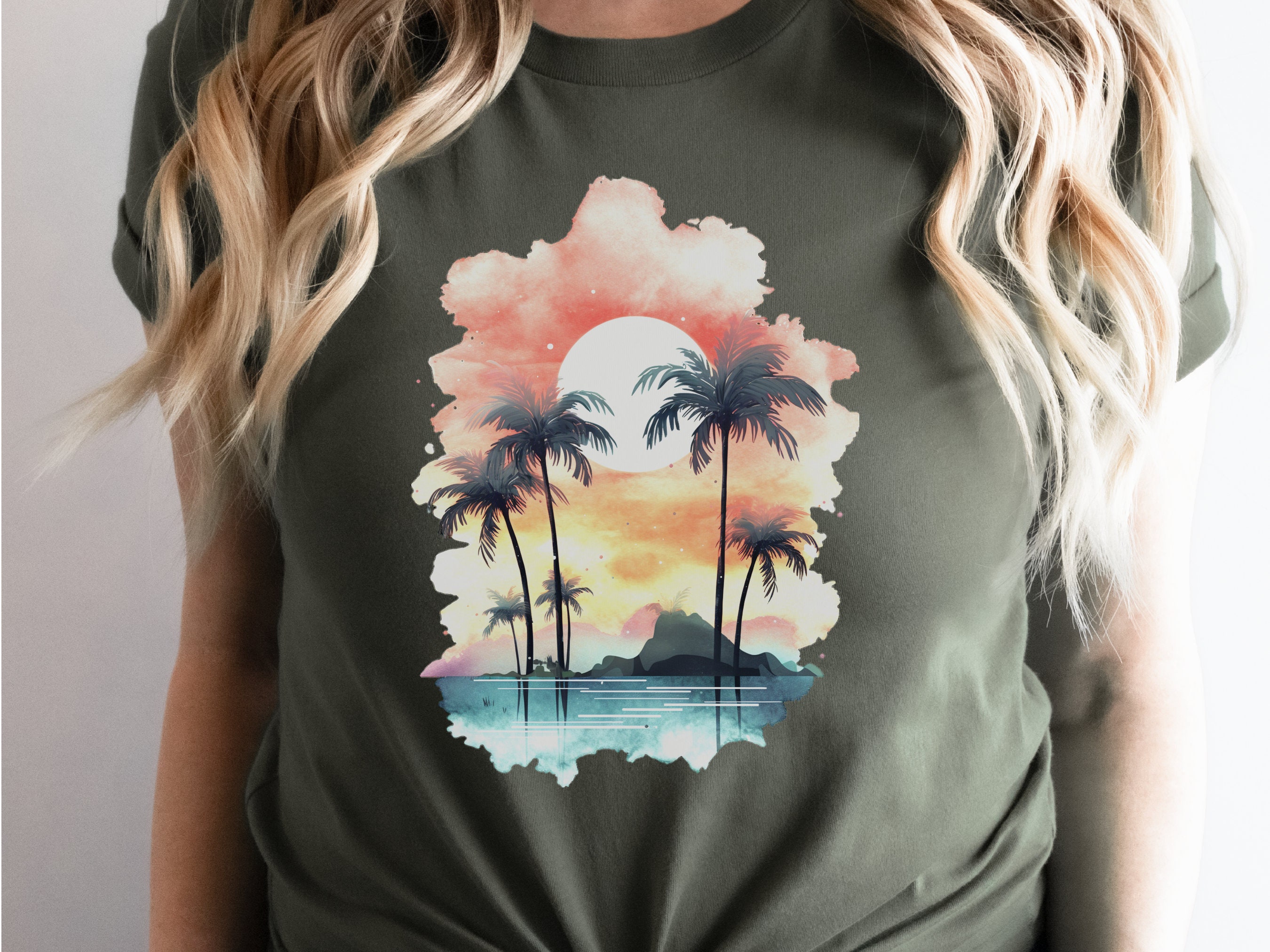 Tropical Sunset Watercolour T-Shirt Landscape Vacation Holiday Shirt Desert Island Travel Getaway Beach Vibes Palm Trees Sun Sea Sand Sky - View 7