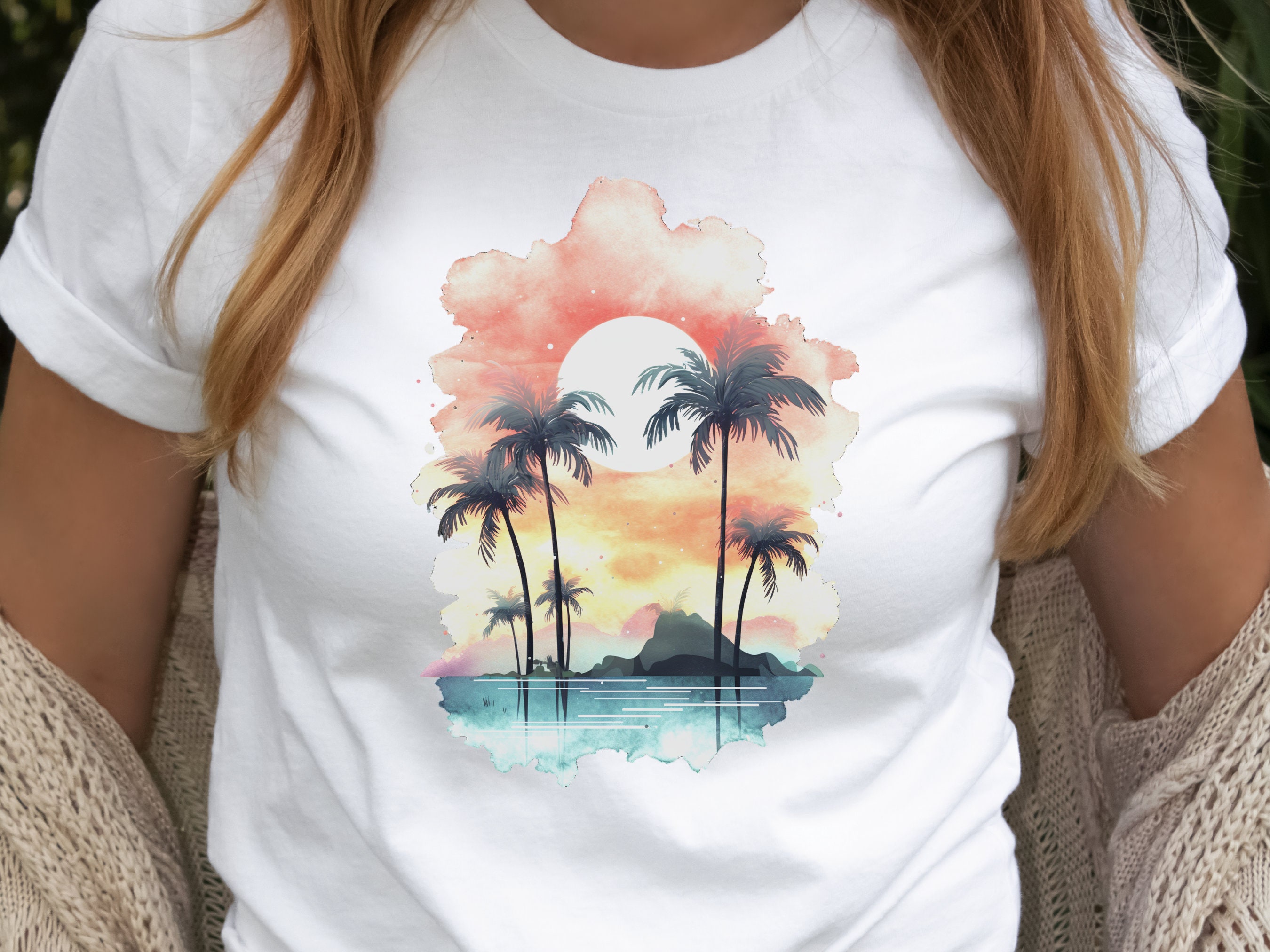 Tropical Sunset Watercolour T-Shirt Landscape Vacation Holiday Shirt Desert Island Travel Getaway Beach Vibes Palm Trees Sun Sea Sand Sky - View 8