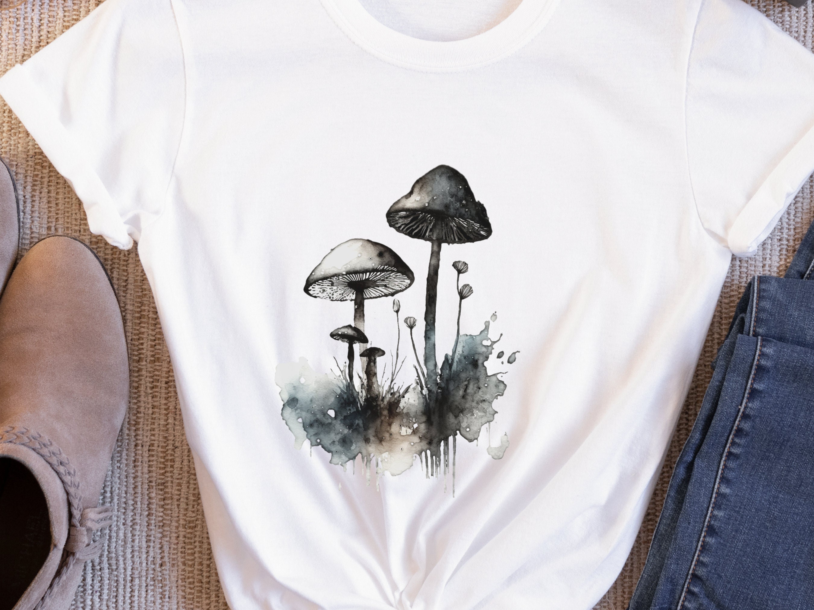 Monochrome Mushrooms T-Shirt Watercolour Ink and Wash Simple Elegant Shirt Blue Grey Black Minimalist Botanical Nature Lovers Gift Gothic