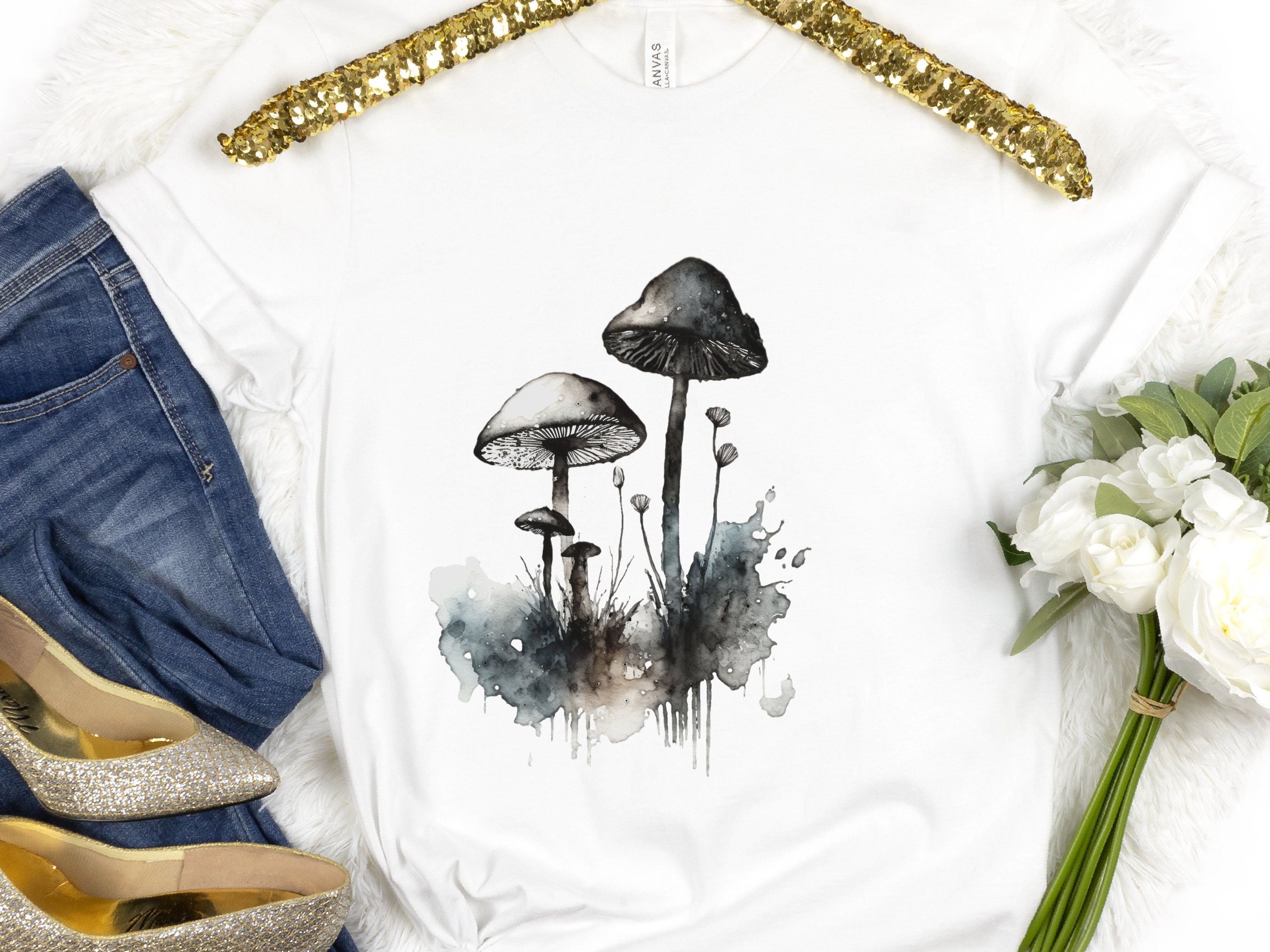 Monochrome Mushrooms T-Shirt Watercolour Ink and Wash Simple Elegant Shirt Blue Grey Black Minimalist Botanical Nature Lovers Gift Gothic - View 2