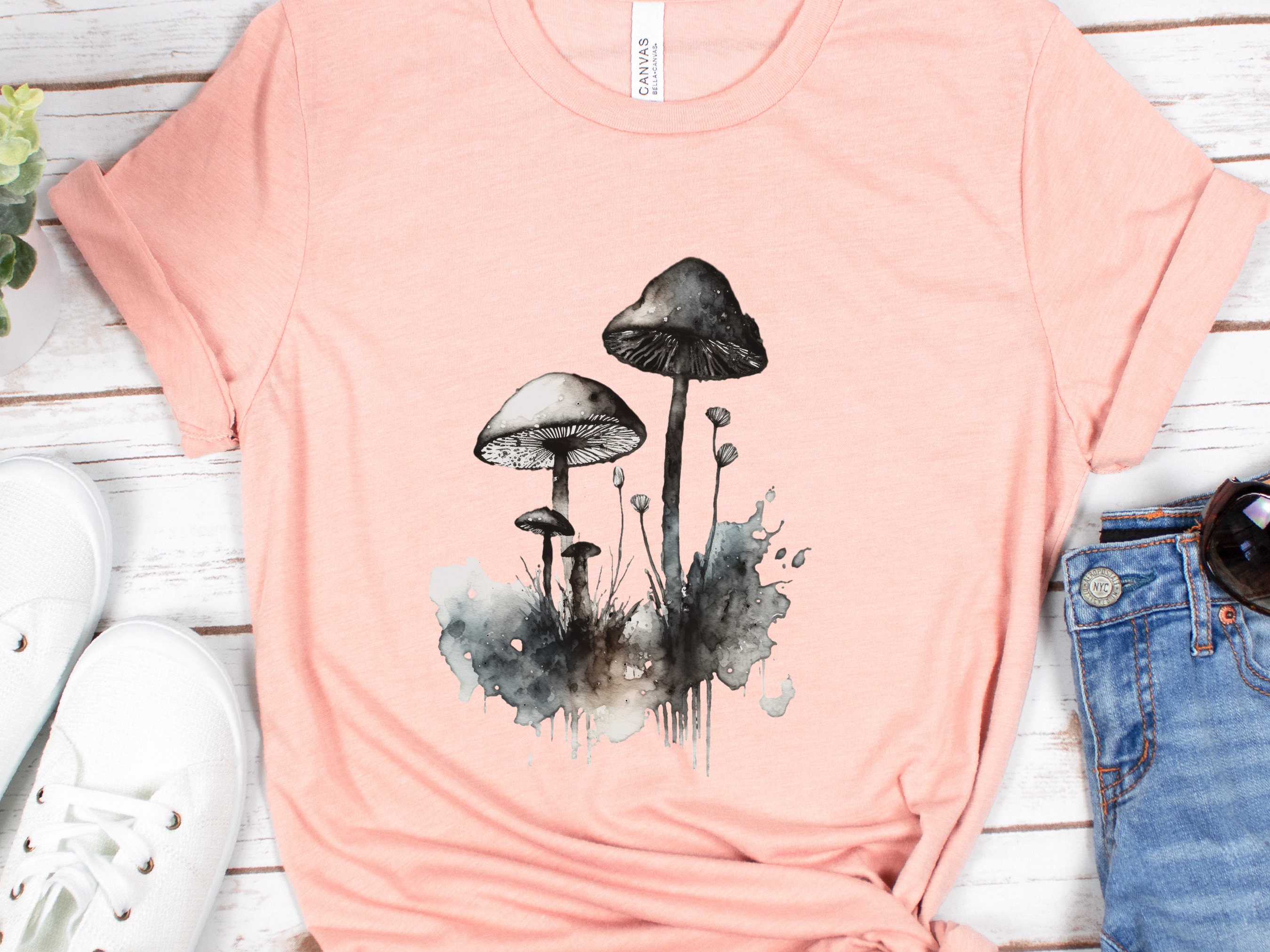 Monochrome Mushrooms T-Shirt Watercolour Ink and Wash Simple Elegant Shirt Blue Grey Black Minimalist Botanical Nature Lovers Gift Gothic - View 3