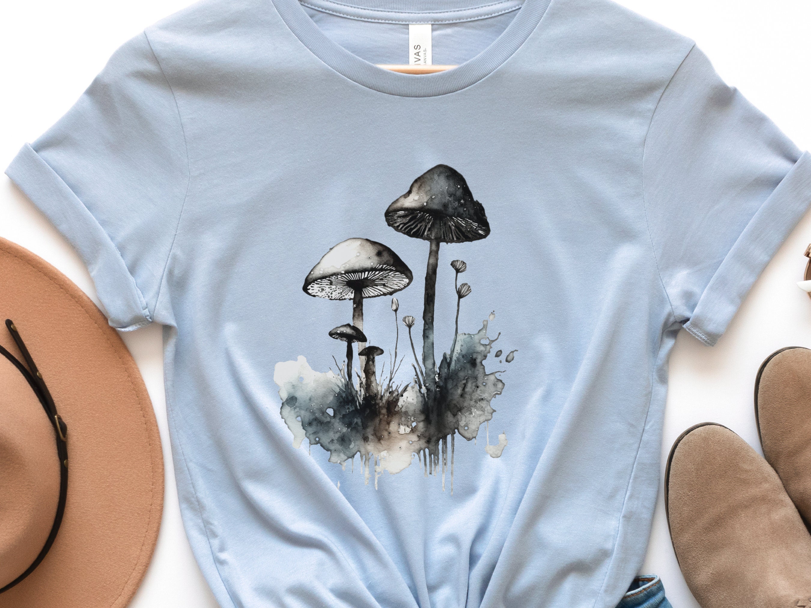 Monochrome Mushrooms T-Shirt Watercolour Ink and Wash Simple Elegant Shirt Blue Grey Black Minimalist Botanical Nature Lovers Gift Gothic - View 4