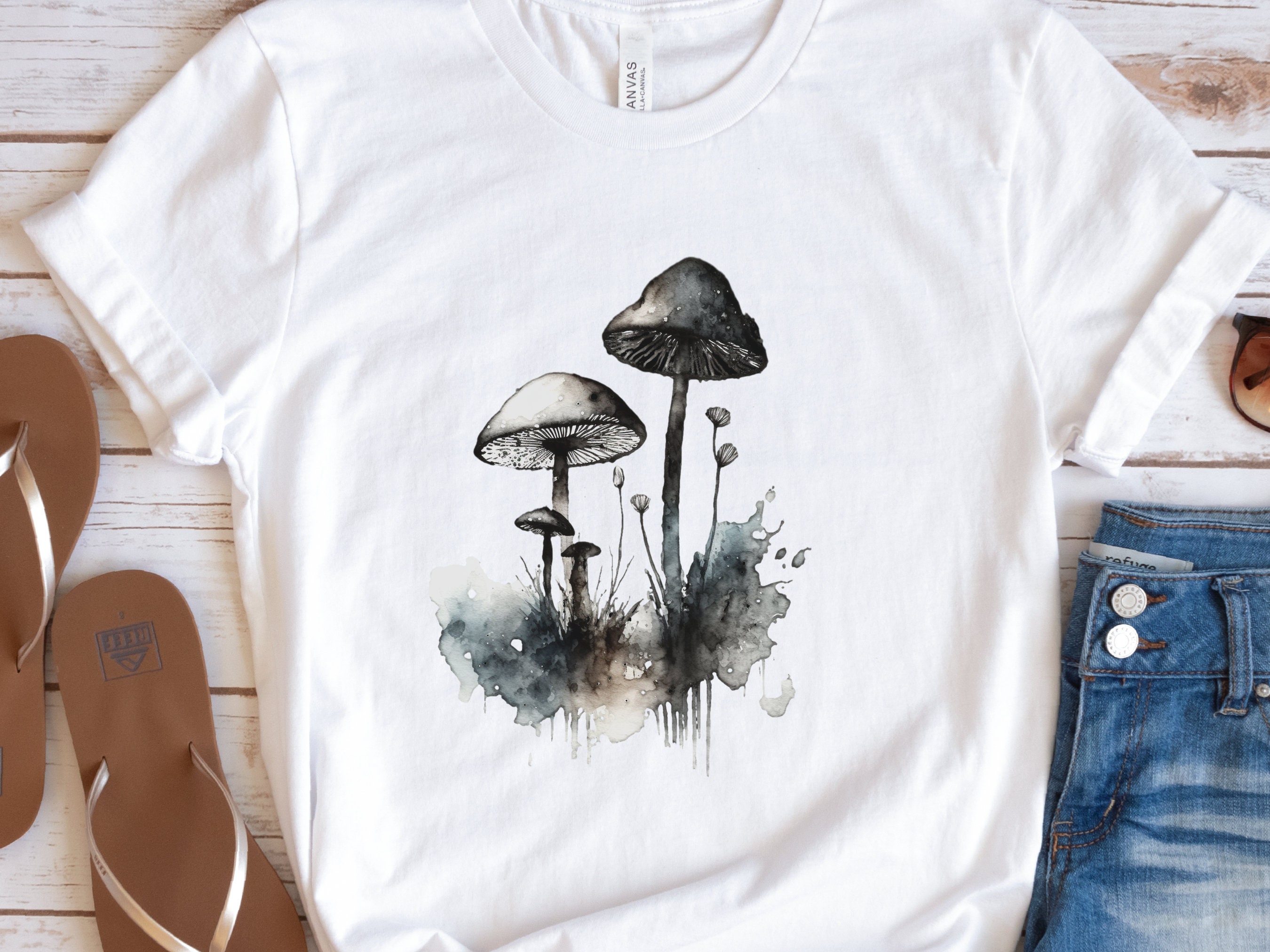 Monochrome Mushrooms T-Shirt Watercolour Ink and Wash Simple Elegant Shirt Blue Grey Black Minimalist Botanical Nature Lovers Gift Gothic - View 5