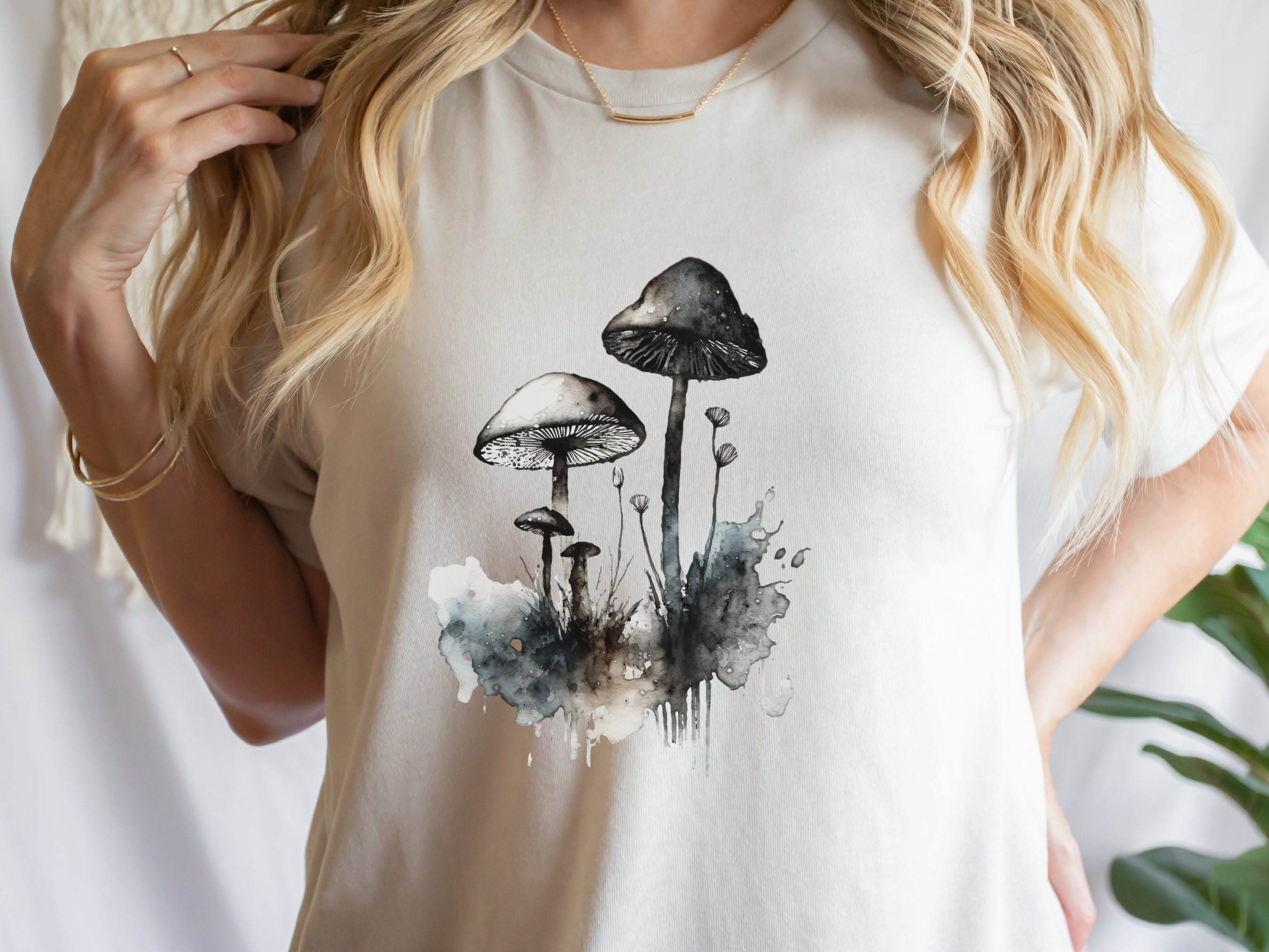 Monochrome Mushrooms T-Shirt Watercolour Ink and Wash Simple Elegant Shirt Blue Grey Black Minimalist Botanical Nature Lovers Gift Gothic - View 7